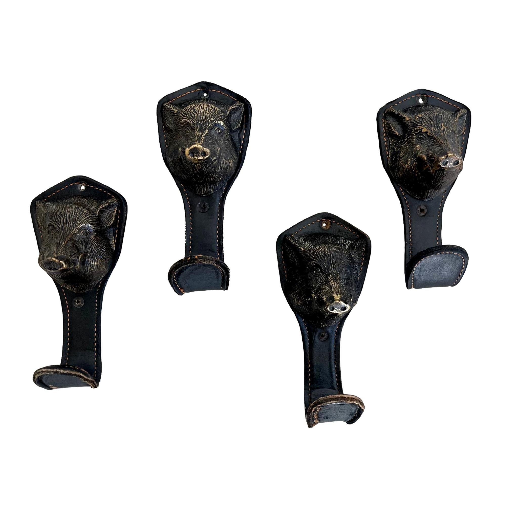 Bronze and Leather Boar Head Wall Hooks