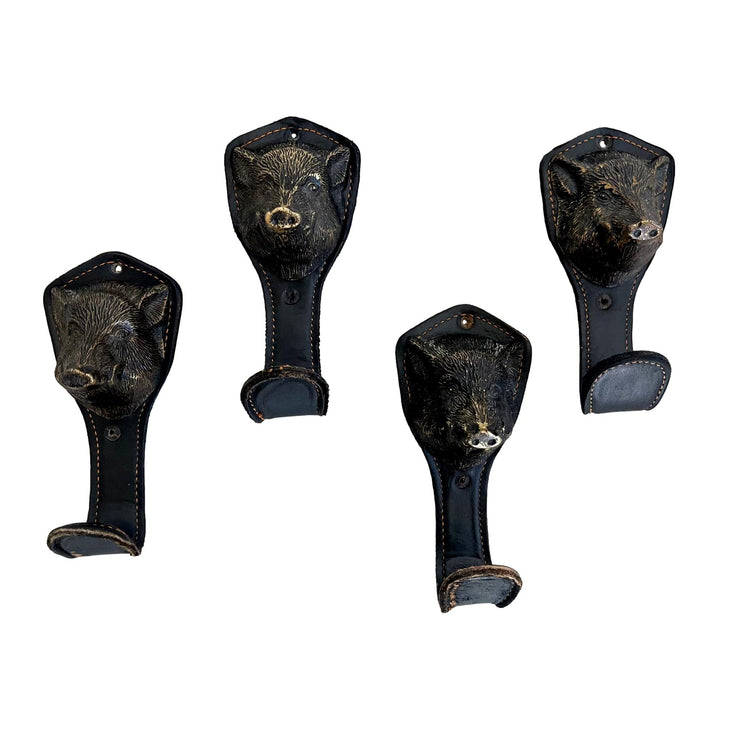 Bronze and Leather Boar Head Wall Hooks