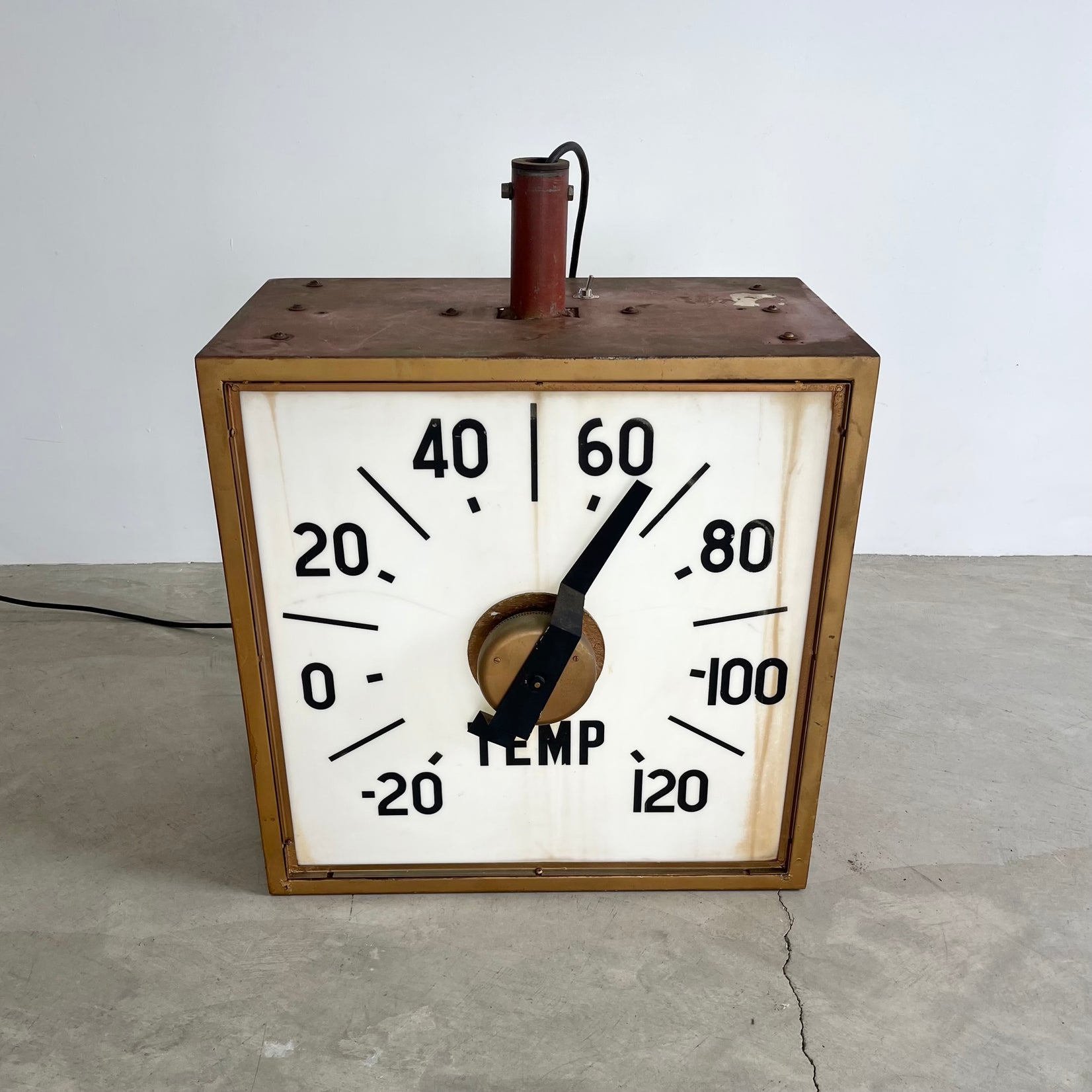 Massive Industrial Two-Sided Backlit Clock and Thermometer