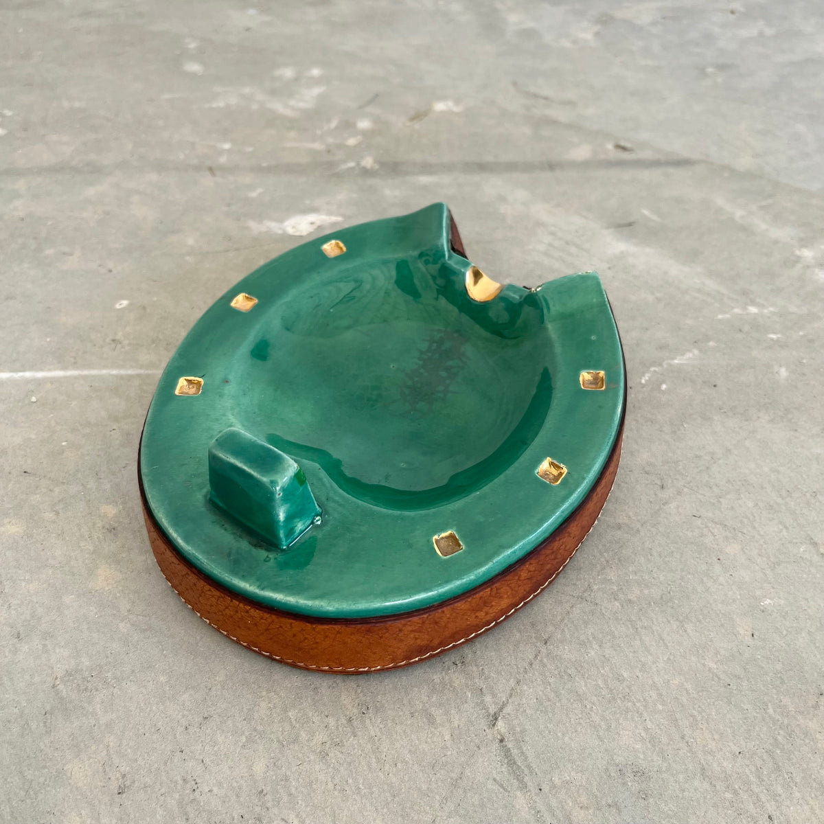 Green Ceramic and Leather Horseshoe Ashtray`