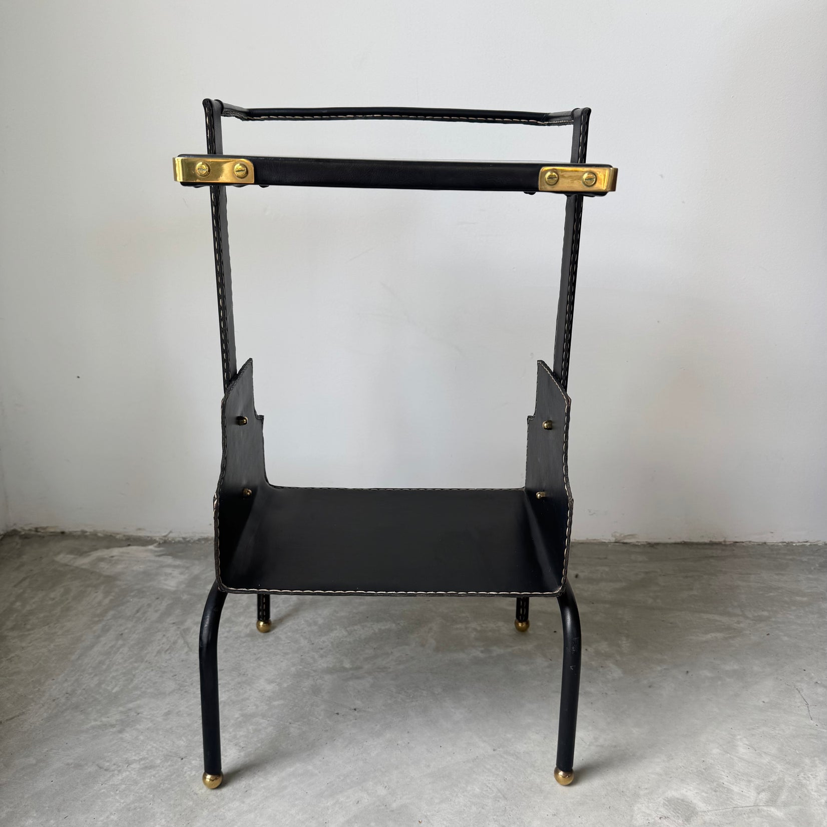 Jacques Adnet Black Leather Side Table, 1950s