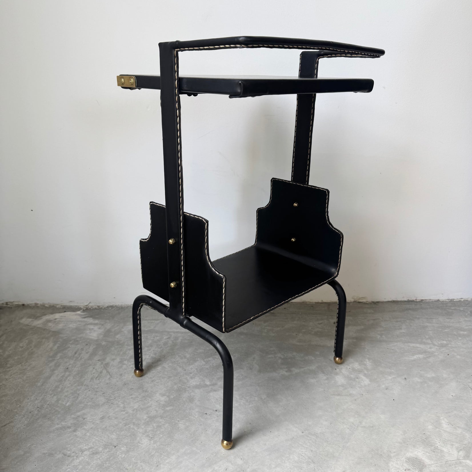 Jacques Adnet Black Leather Side Table, 1950s