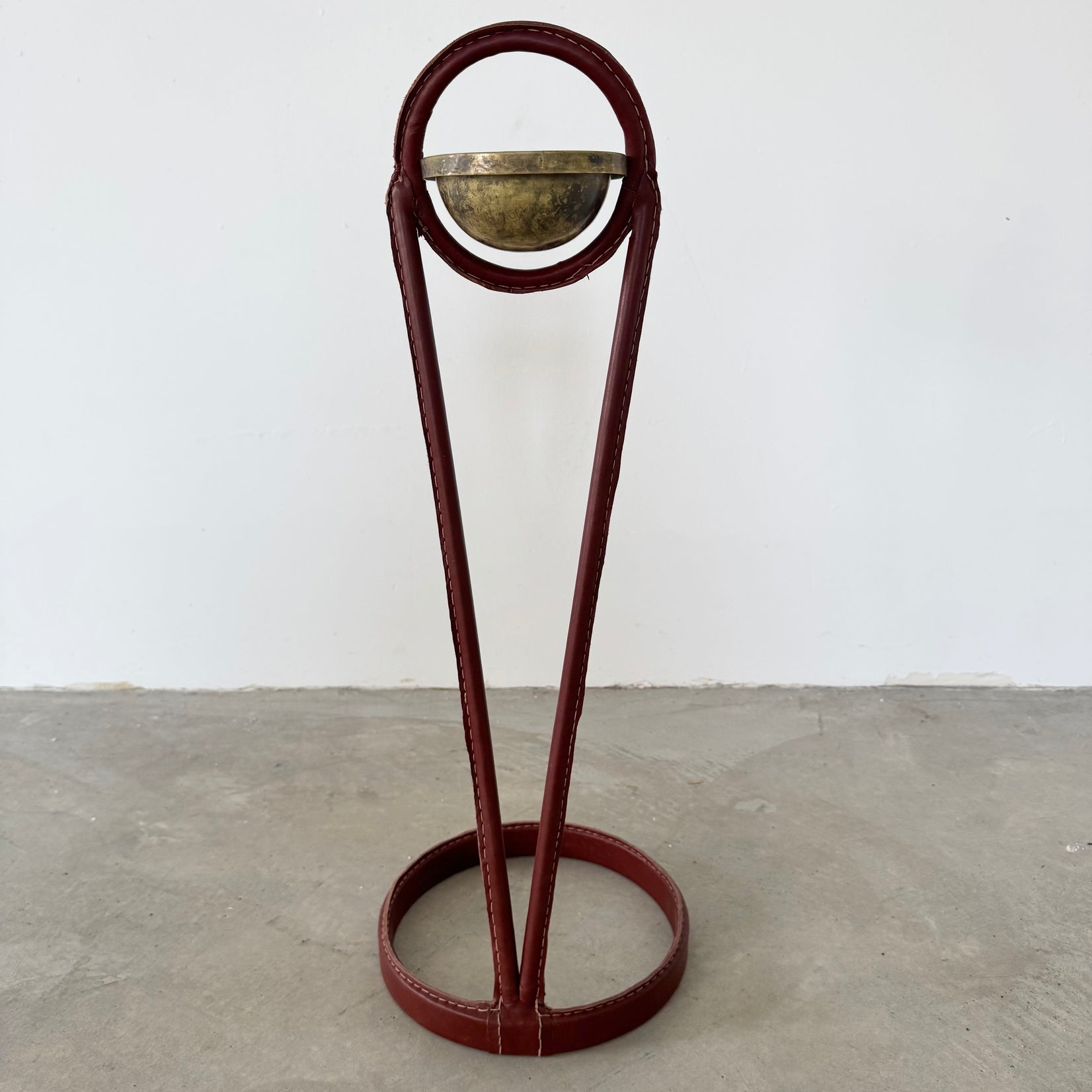 Jacques Adnet Leather and Brass Standing Ashtray, 1950's France