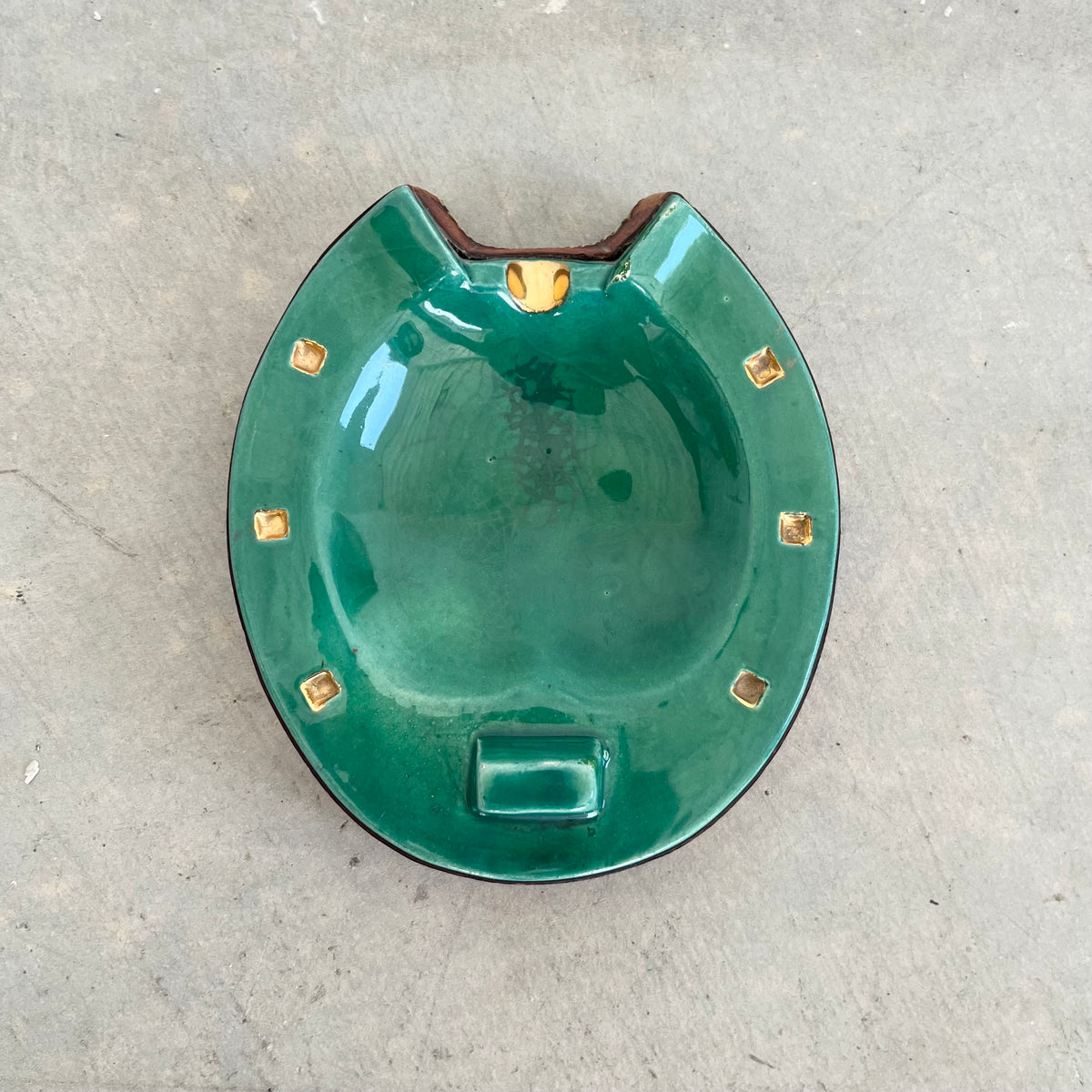 Green Ceramic and Leather Horseshoe Ashtray`