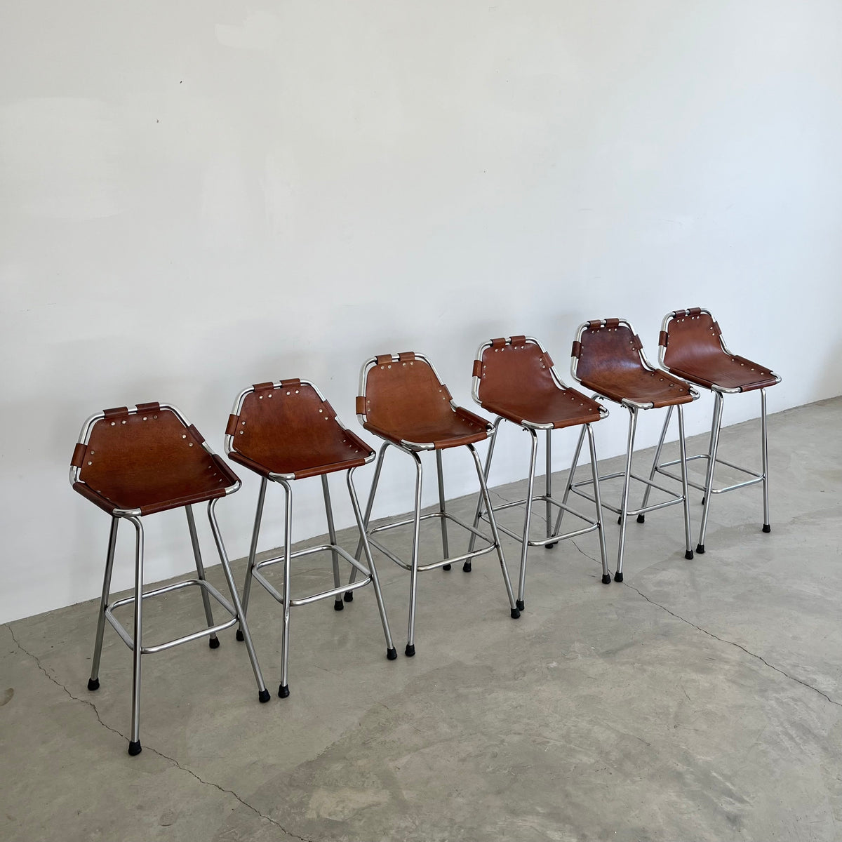 Set of 6 Leather and Chrome Bar Stools