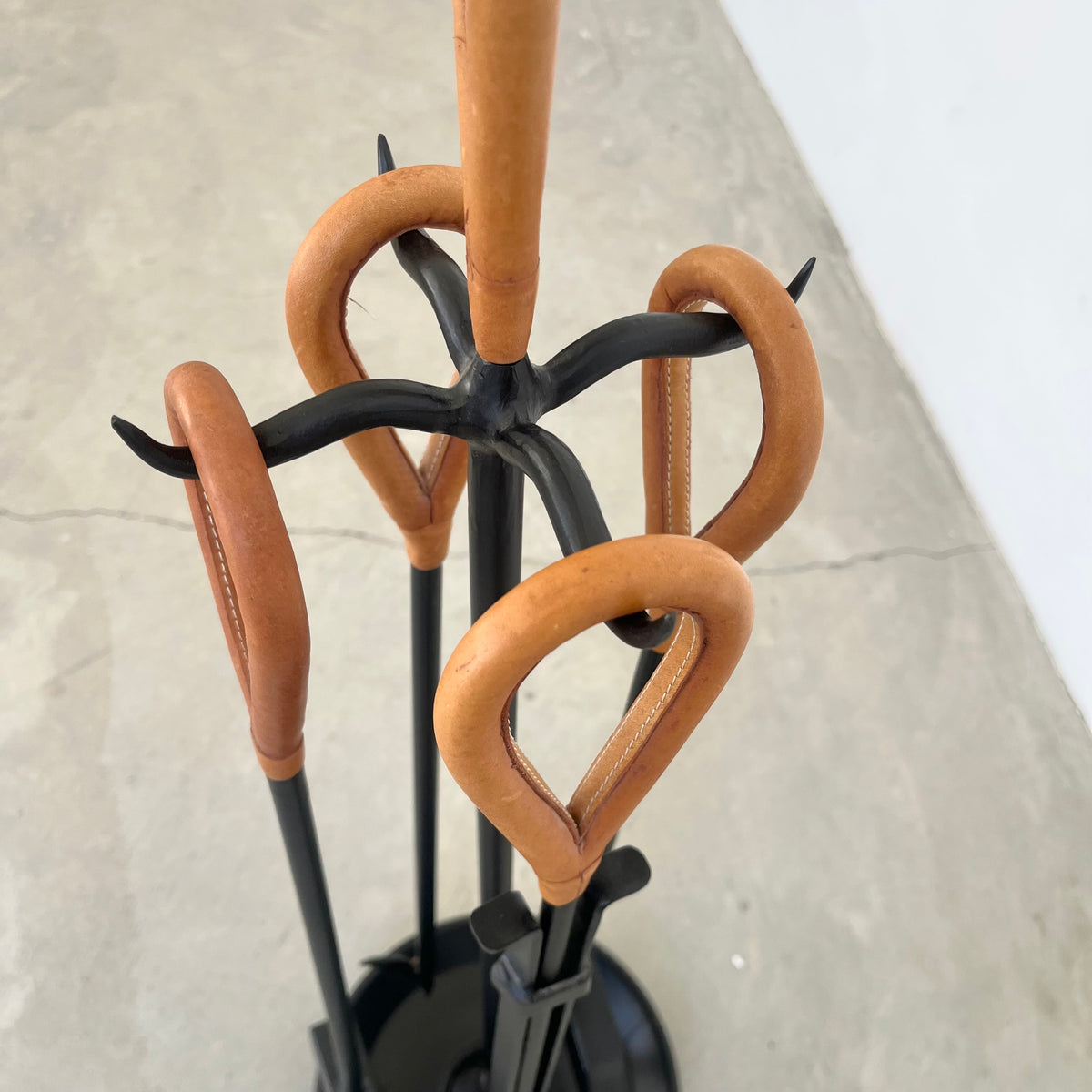 Leather and Iron Fireplace Set in the Style of Jacques Adnet USA