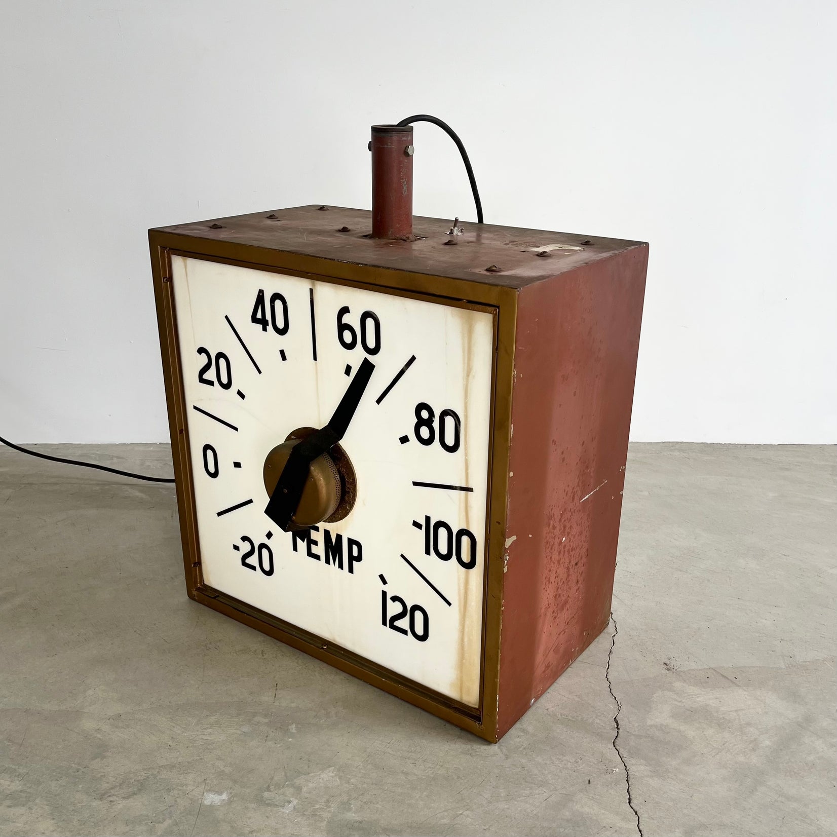 Massive Industrial Two-Sided Backlit Clock and Thermometer