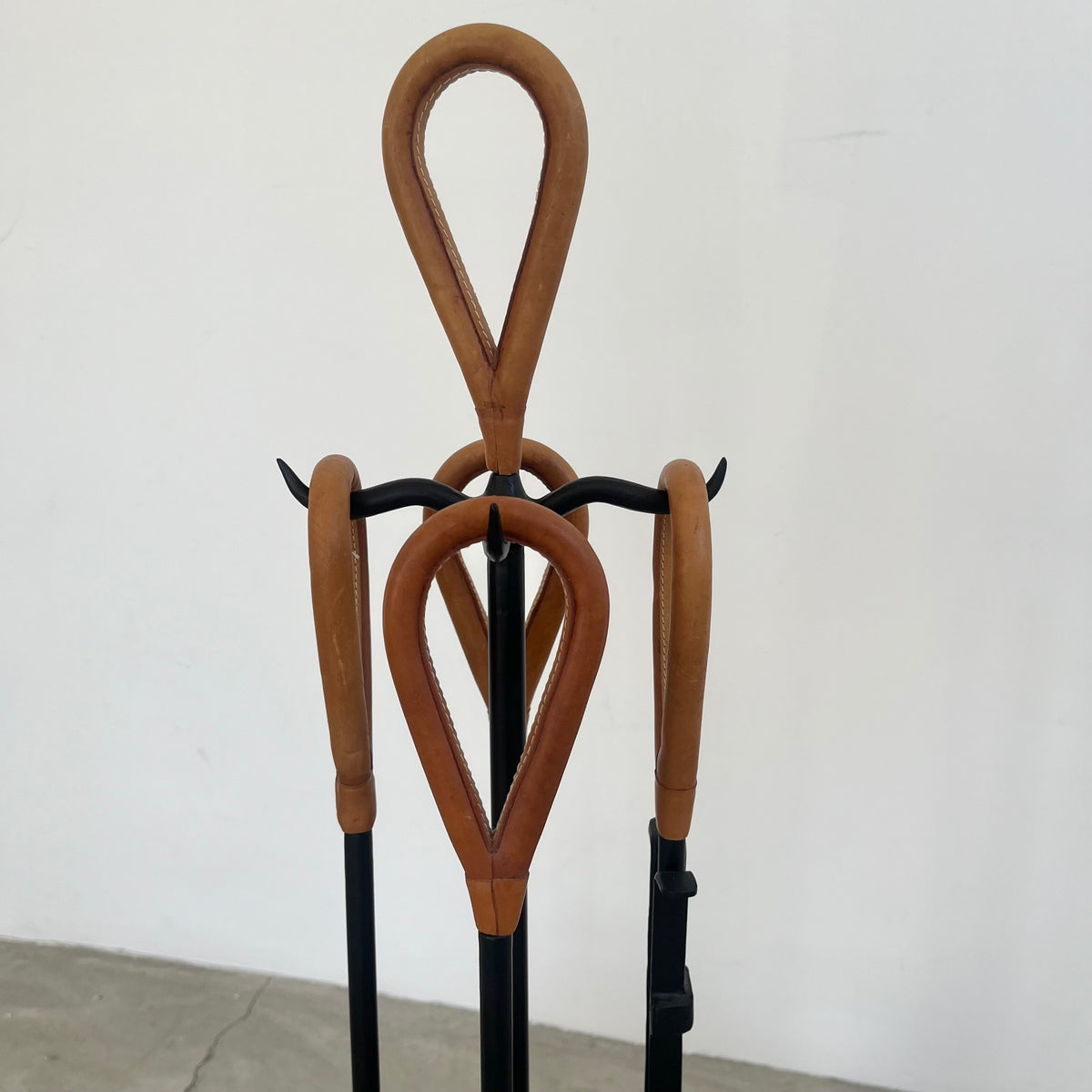 Leather and Iron Fireplace Set in the Style of Jacques Adnet USA