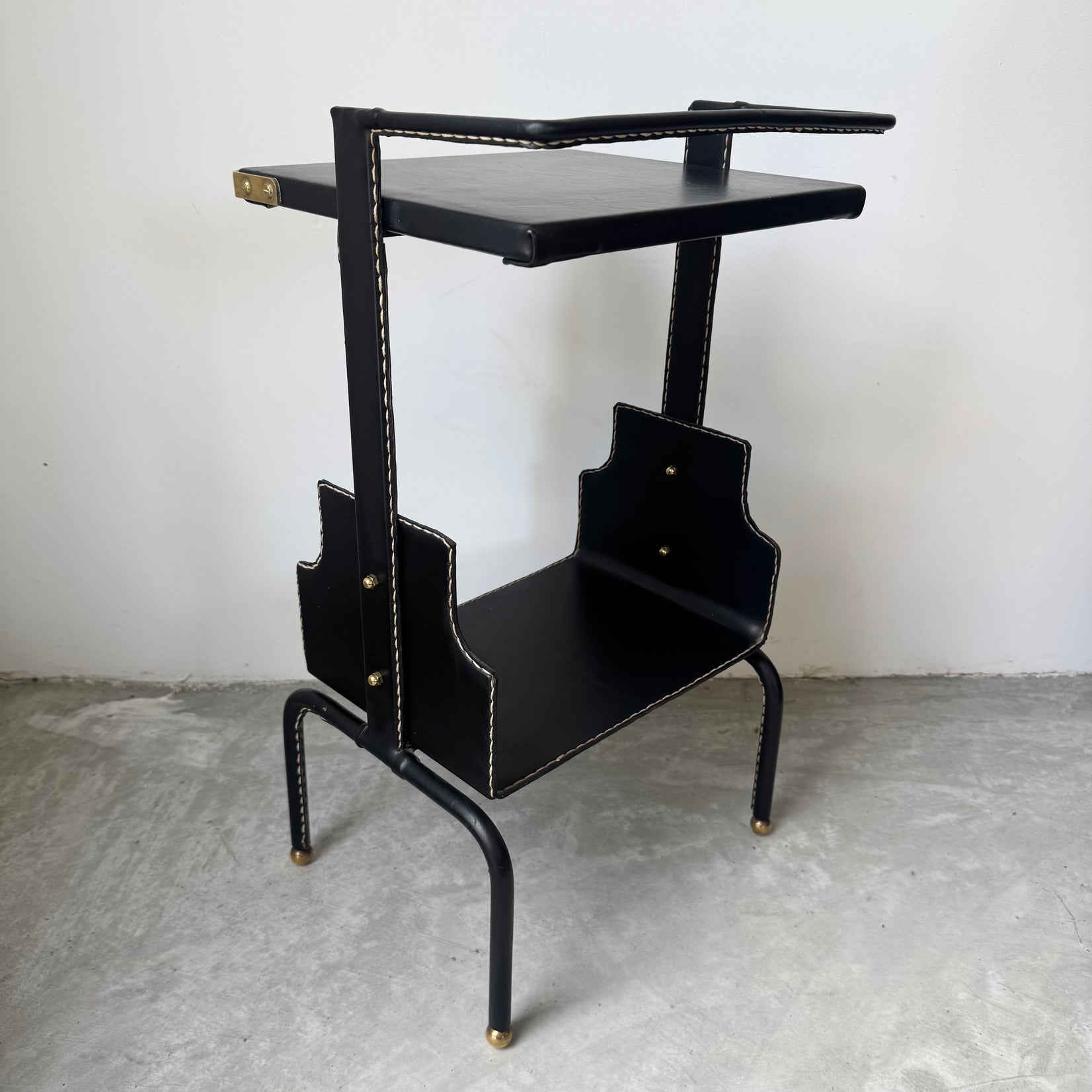 Jacques Adnet Black Leather Side Table, 1950s