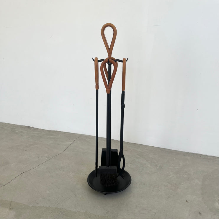 Leather and Iron Fireplace Set in the Style of Jacques Adnet USA