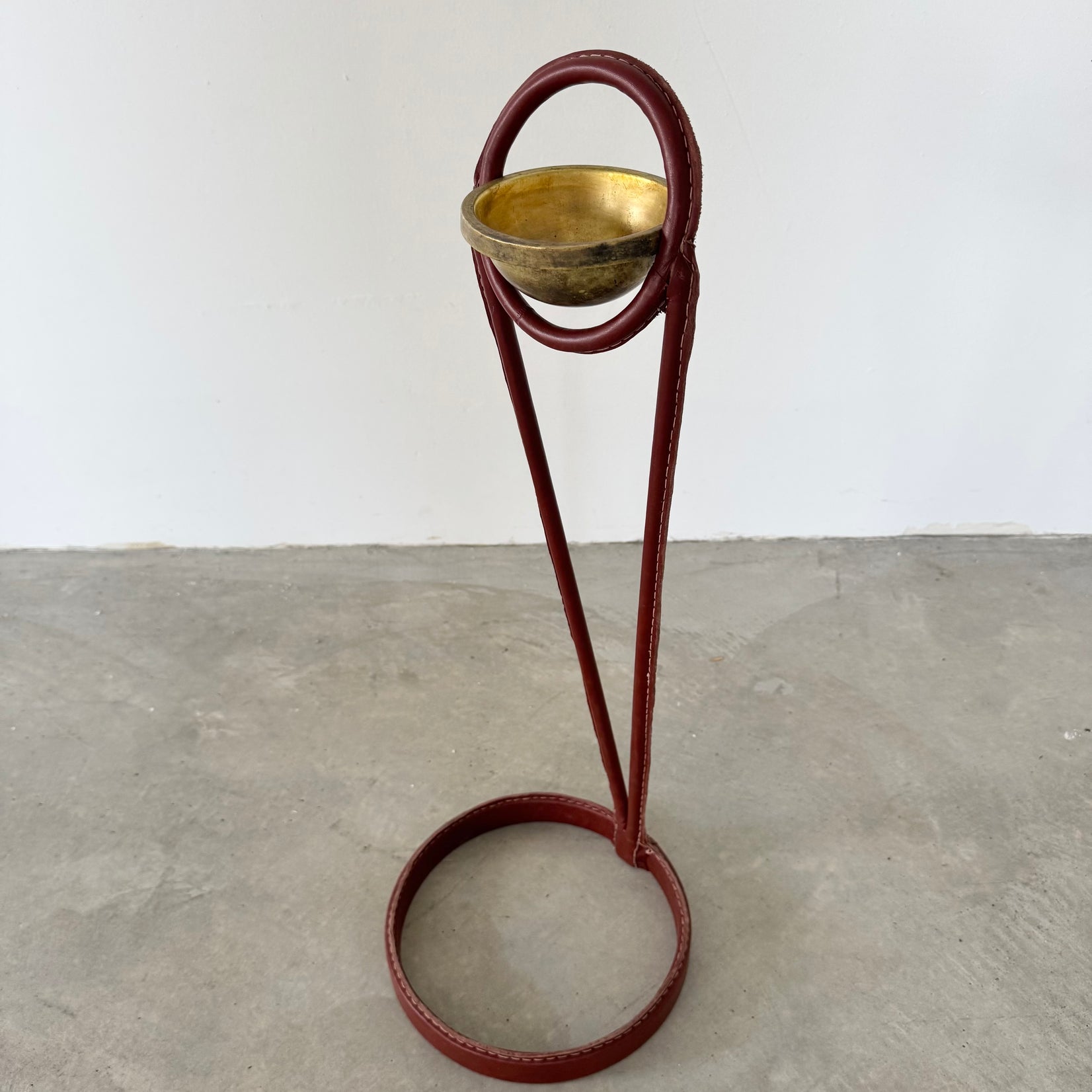 Jacques Adnet Leather and Brass Standing Ashtray, 1950's France