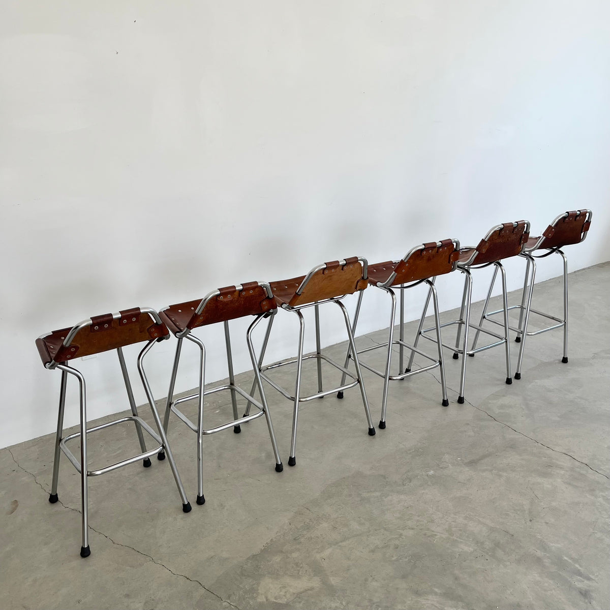 Set of 6 Leather and Chrome Bar Stools