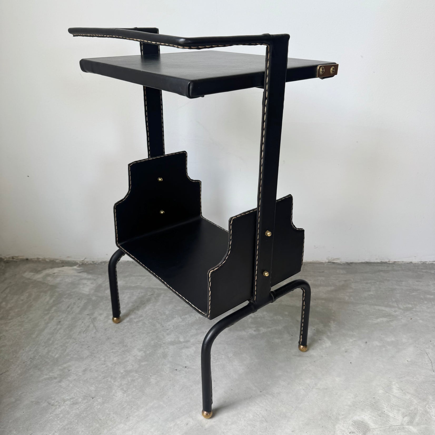 Jacques Adnet Black Leather Side Table, 1950s
