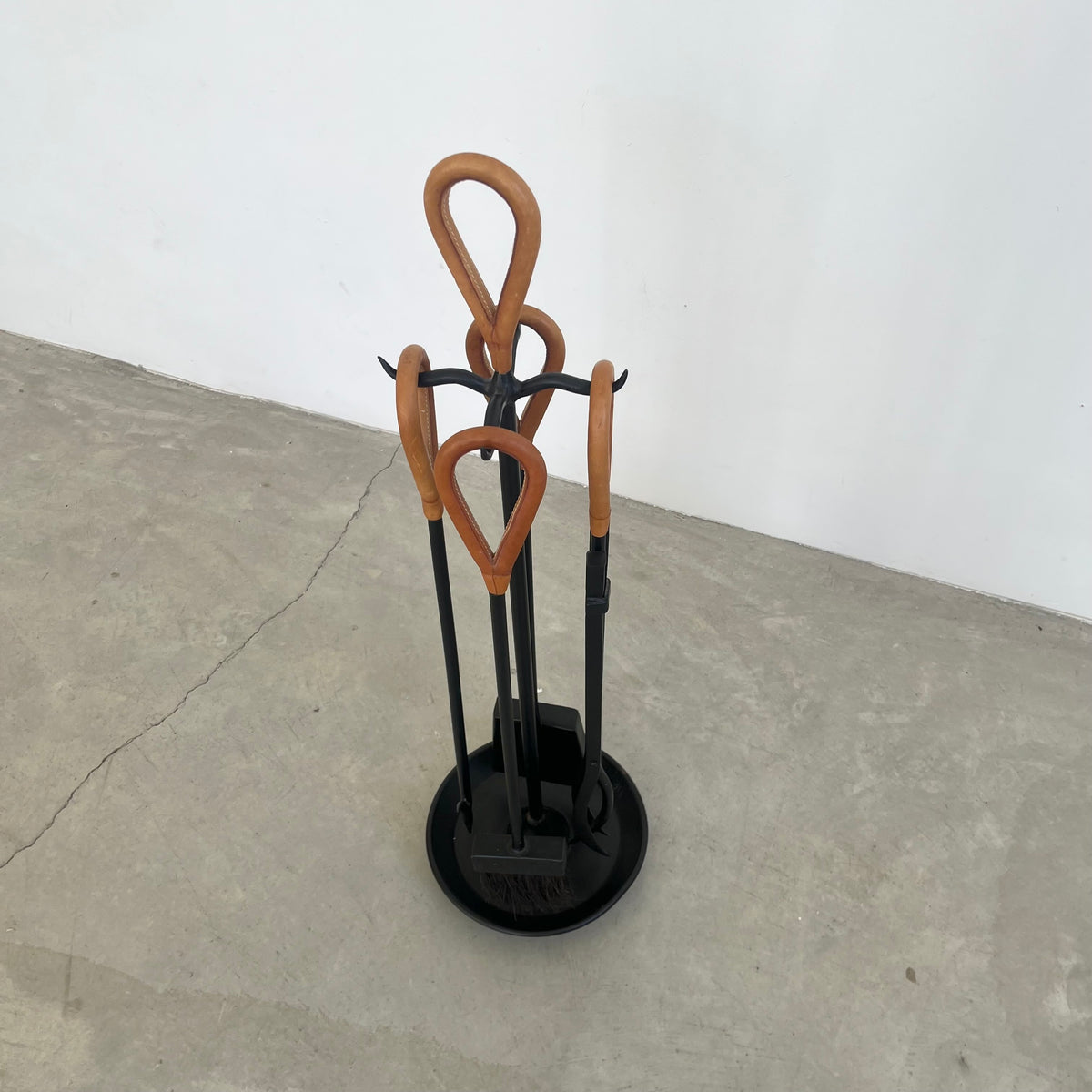 Leather and Iron Fireplace Set in the Style of Jacques Adnet USA