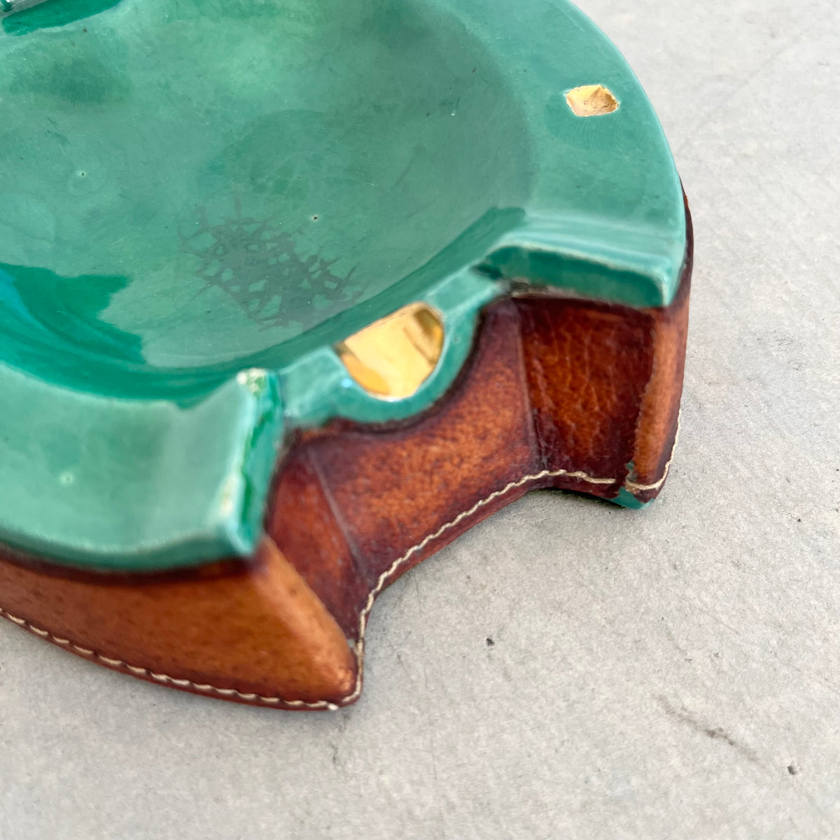 Green Ceramic and Leather Horseshoe Ashtray`