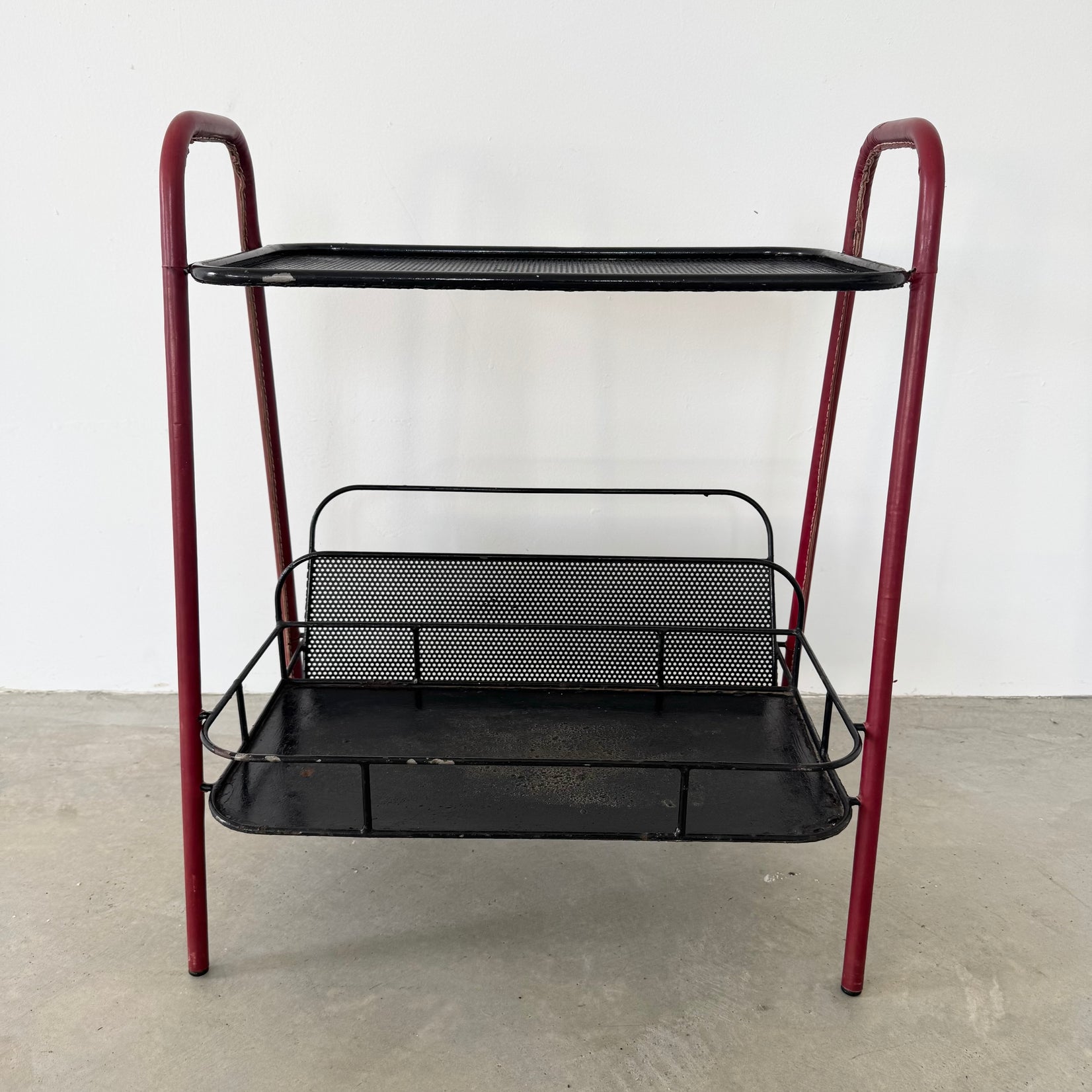 Red Leather and Iron Side Table