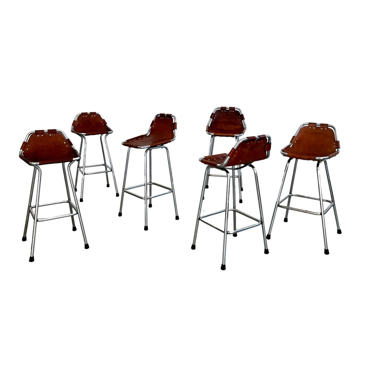 Set of 6 Leather and Chrome Bar Stools