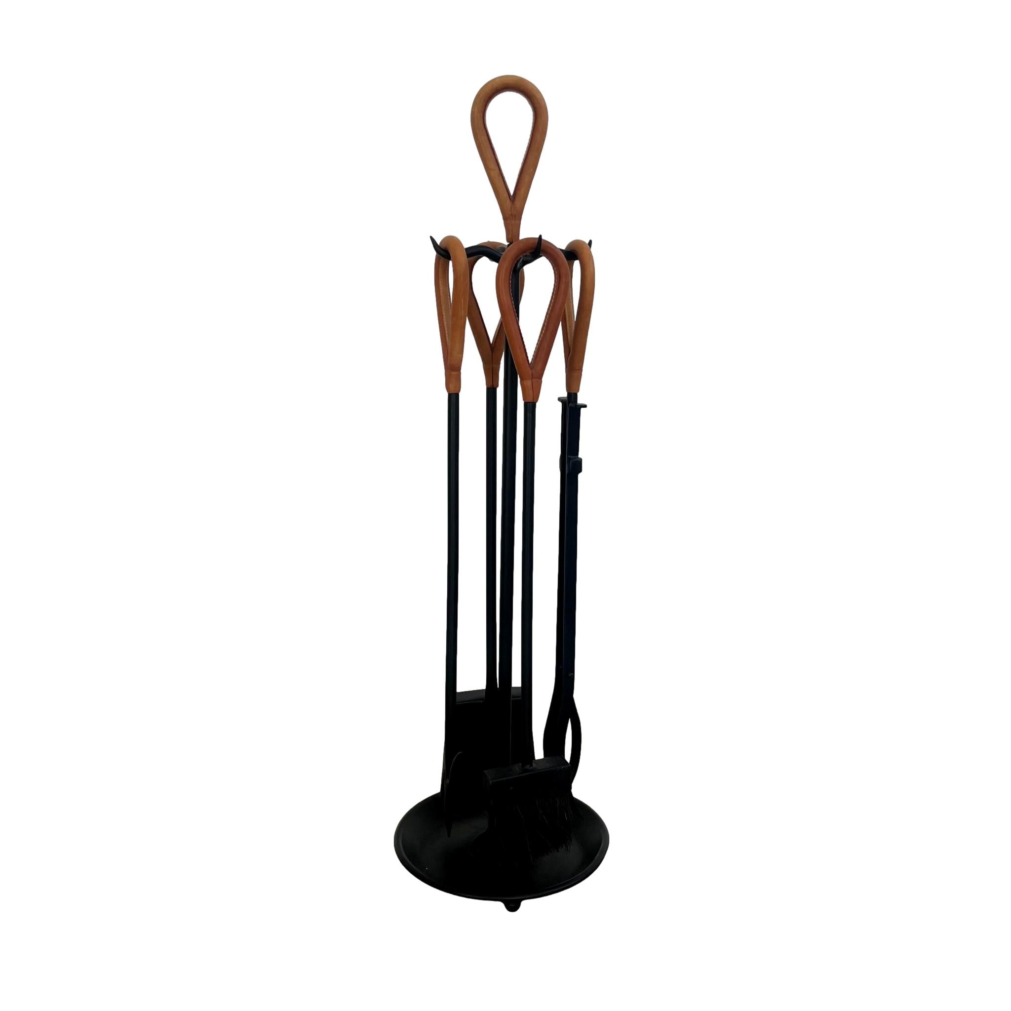 Leather and Iron Fireplace Set in the Style of Jacques Adnet USA