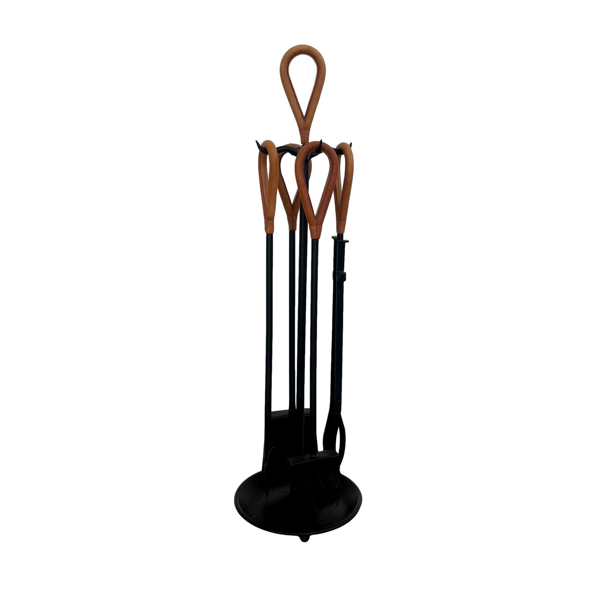 Leather and Iron Fireplace Set in the Style of Jacques Adnet USA