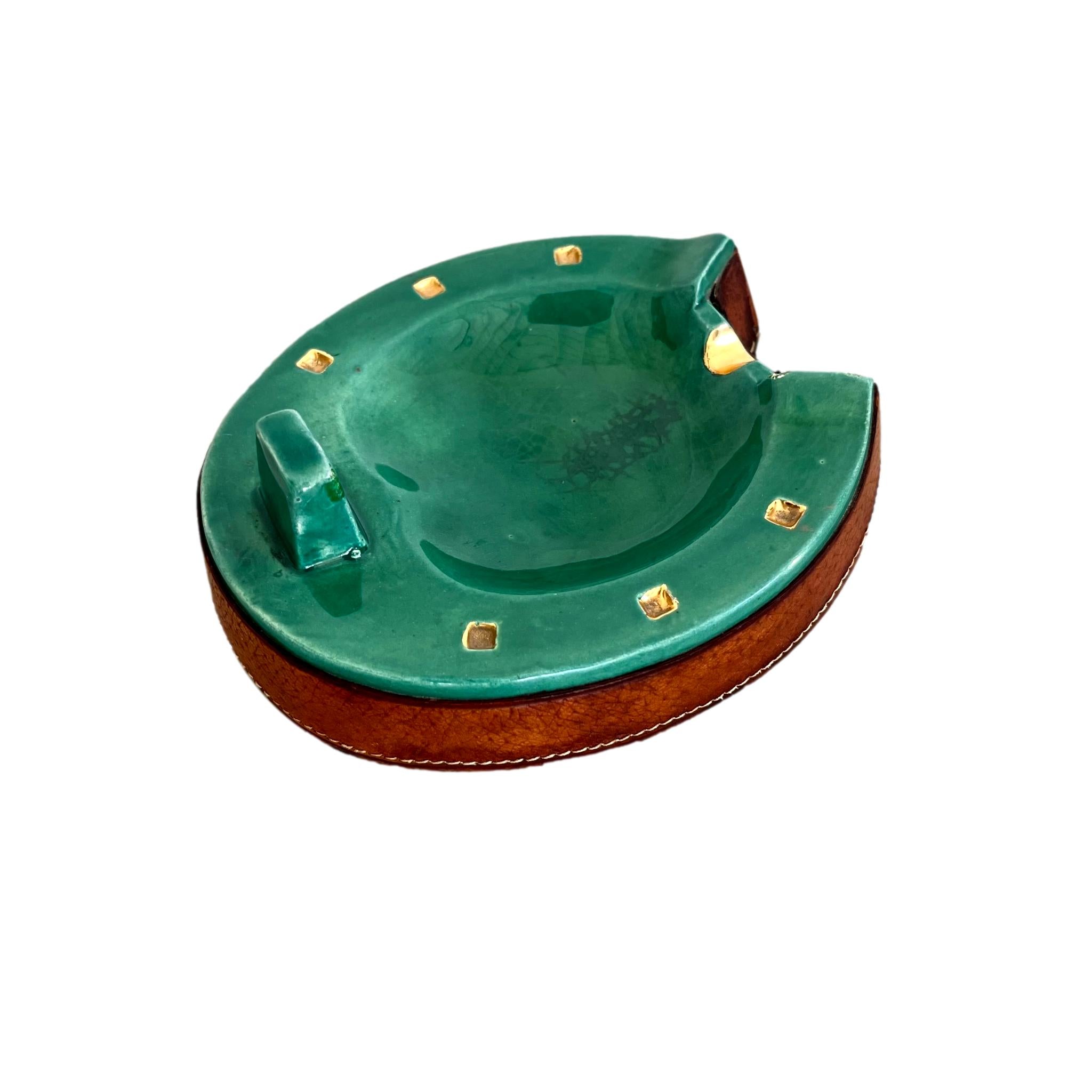 Green Ceramic and Leather Horseshoe Ashtray`