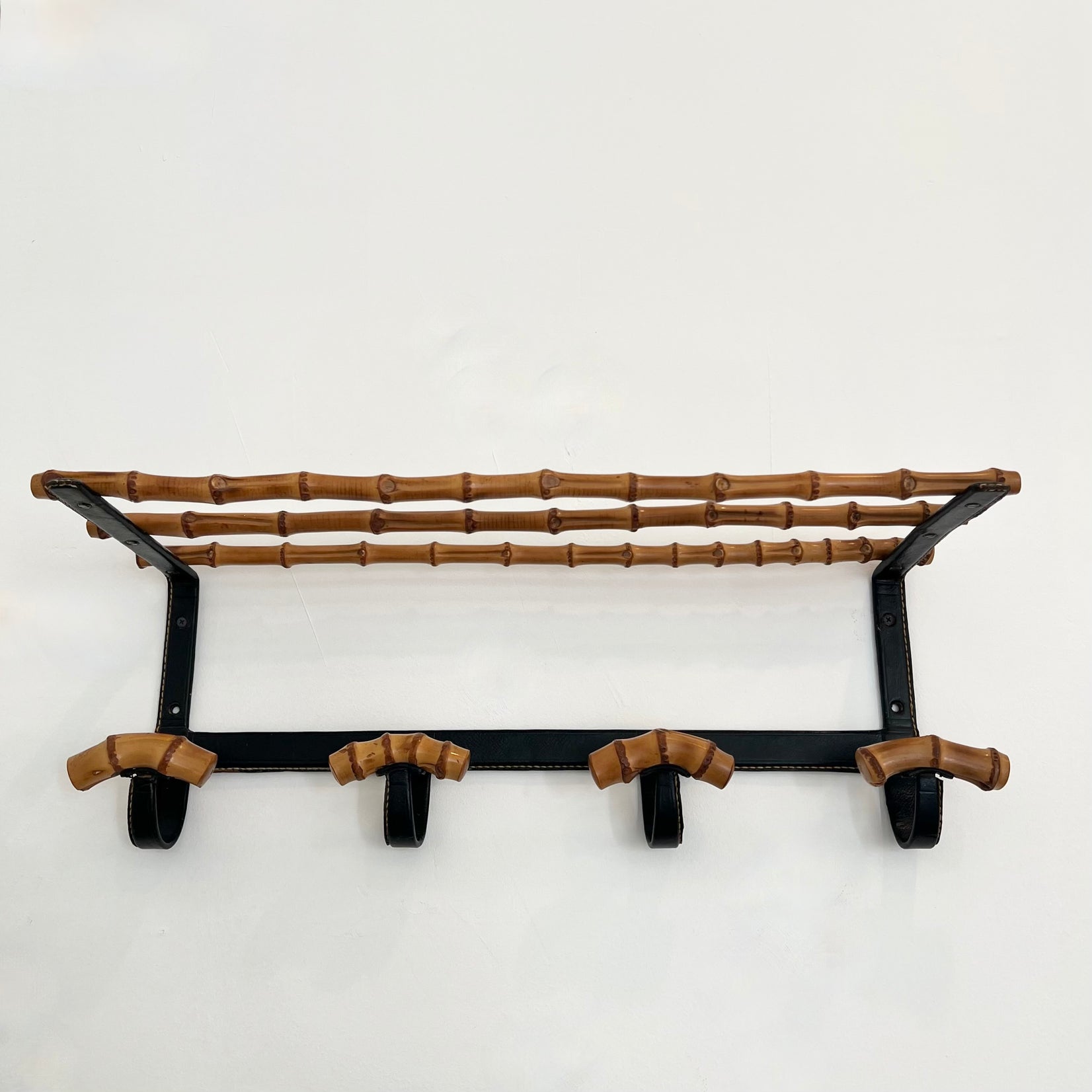 Leather and Bamboo Coat Rack by Jacques Adnet, 1950s France