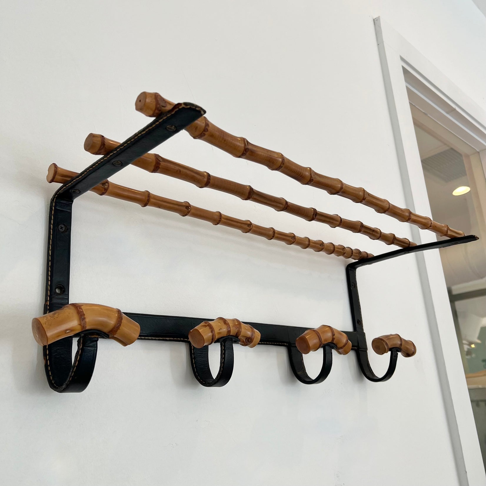 Leather and Bamboo Coat Rack by Jacques Adnet, 1950s France