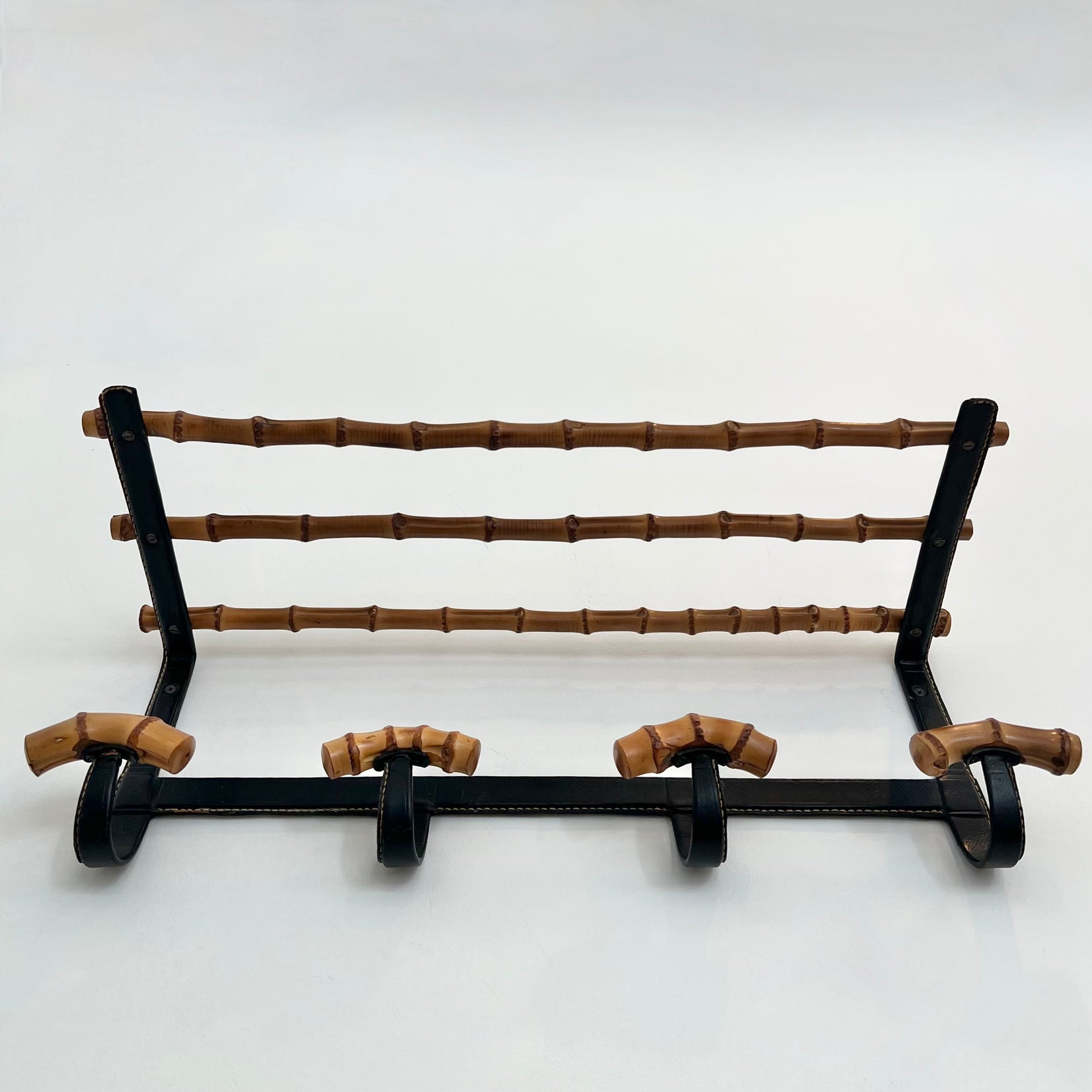 Leather and Bamboo Coat Rack by Jacques Adnet, 1950s France