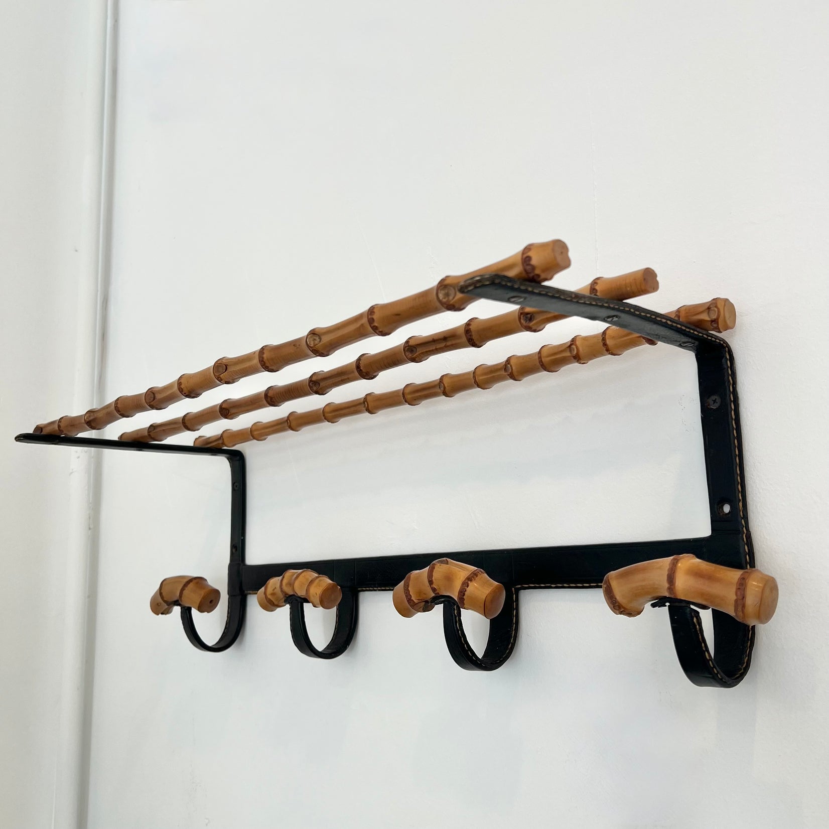 Leather and Bamboo Coat Rack by Jacques Adnet, 1950s France