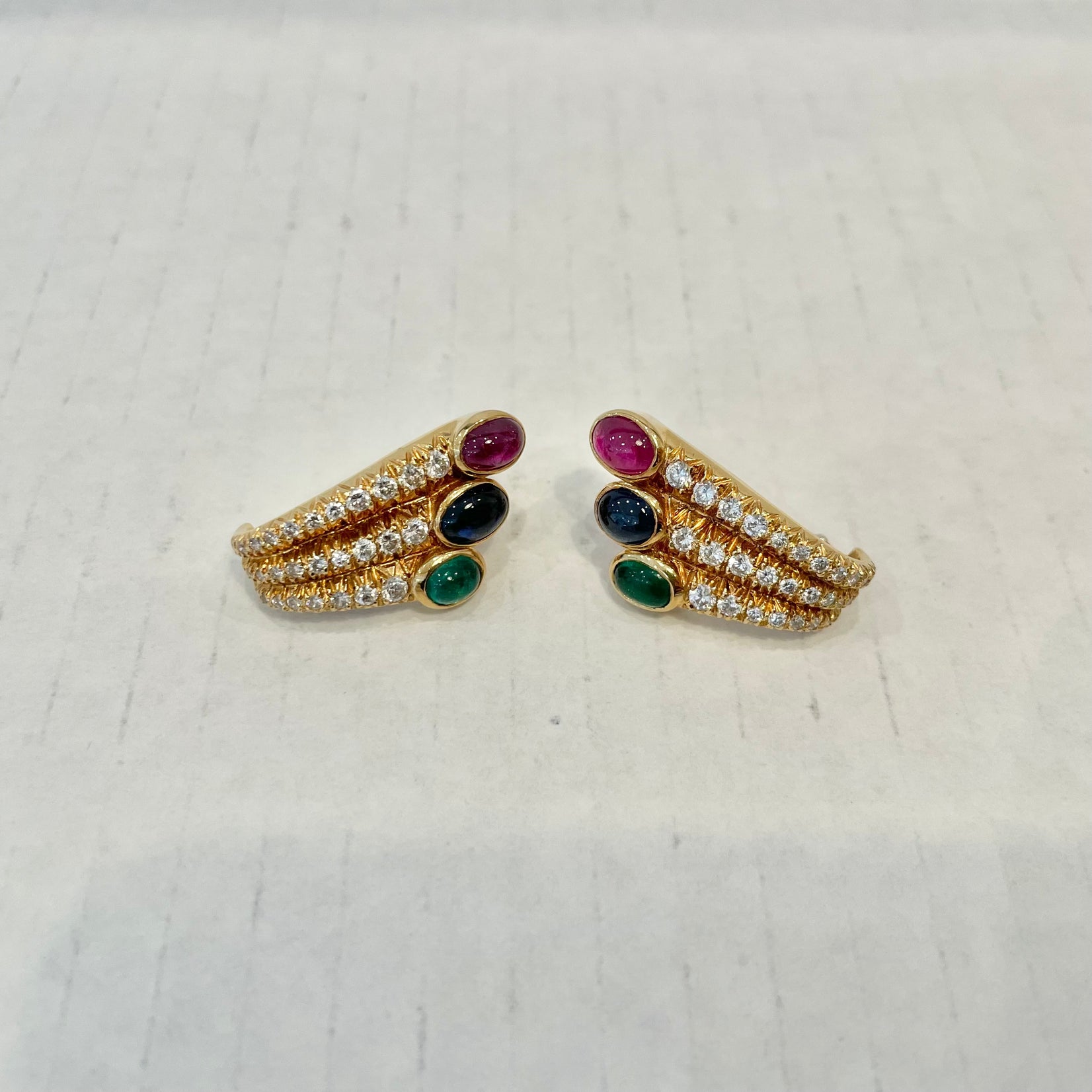 Ruby, Sapphire, Emerald & Diamond Earrings in 18 Karat Yellow Gold