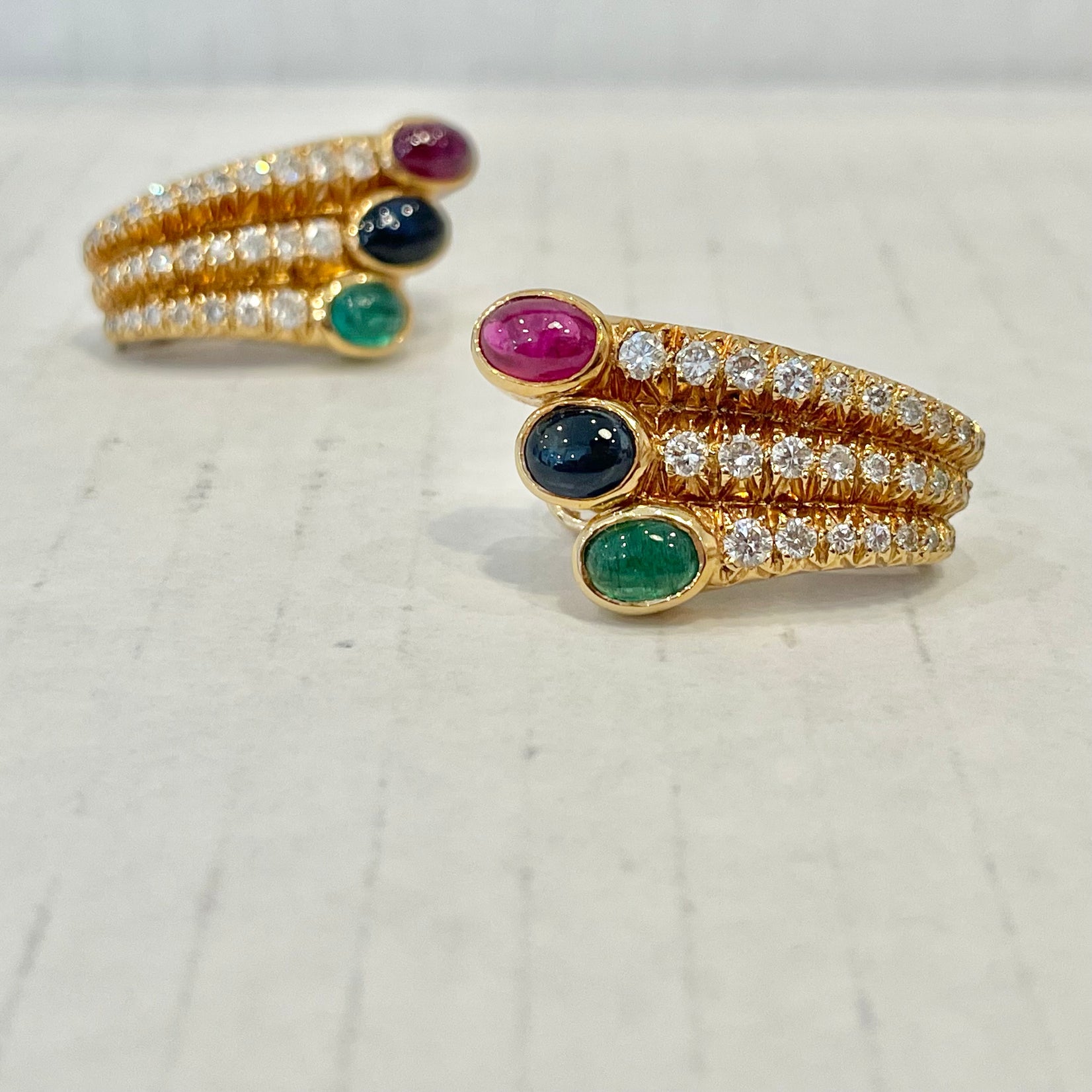 Ruby, Sapphire, Emerald & Diamond Earrings in 18 Karat Yellow Gold