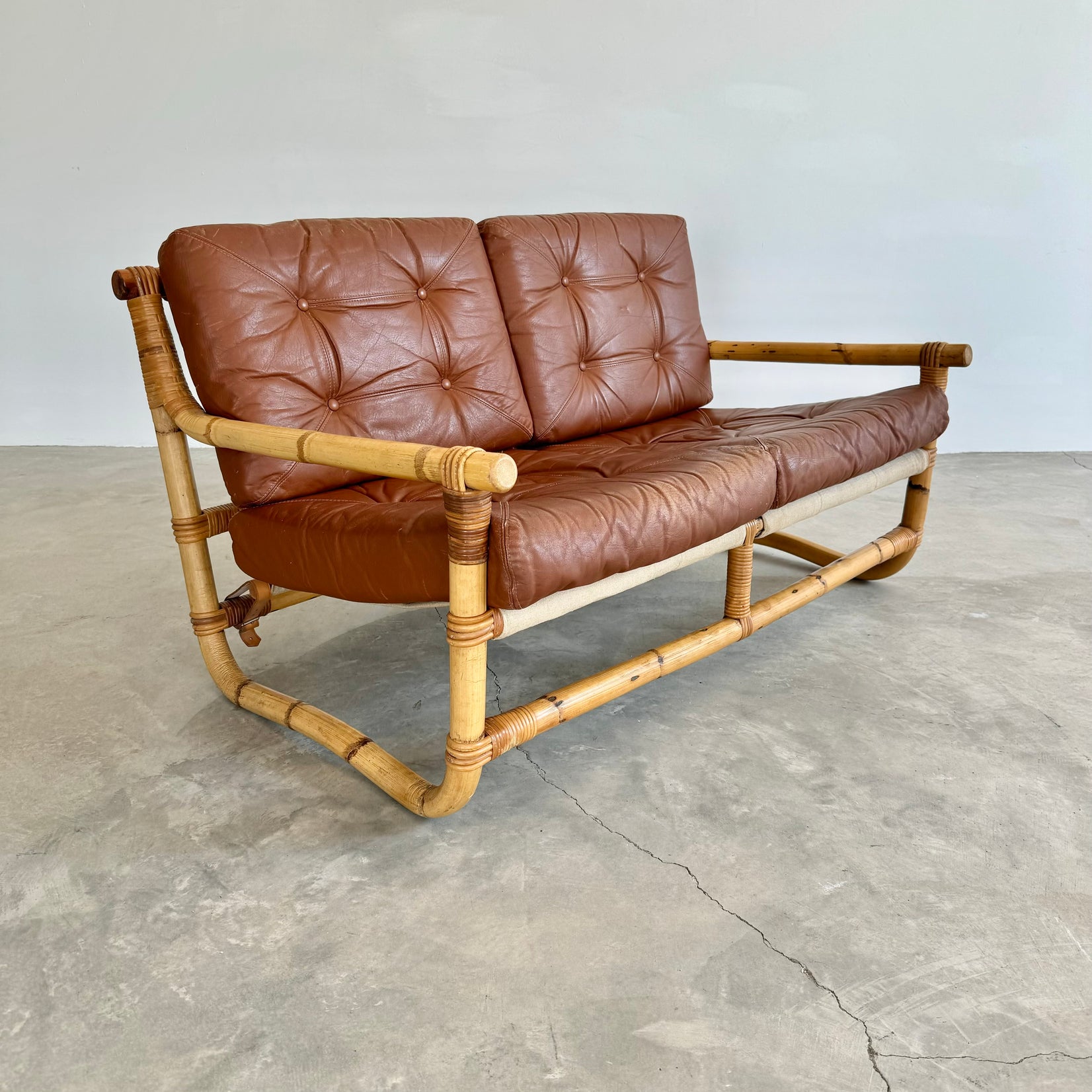 Bamboo and Leather Sofa, 1970s Denmark