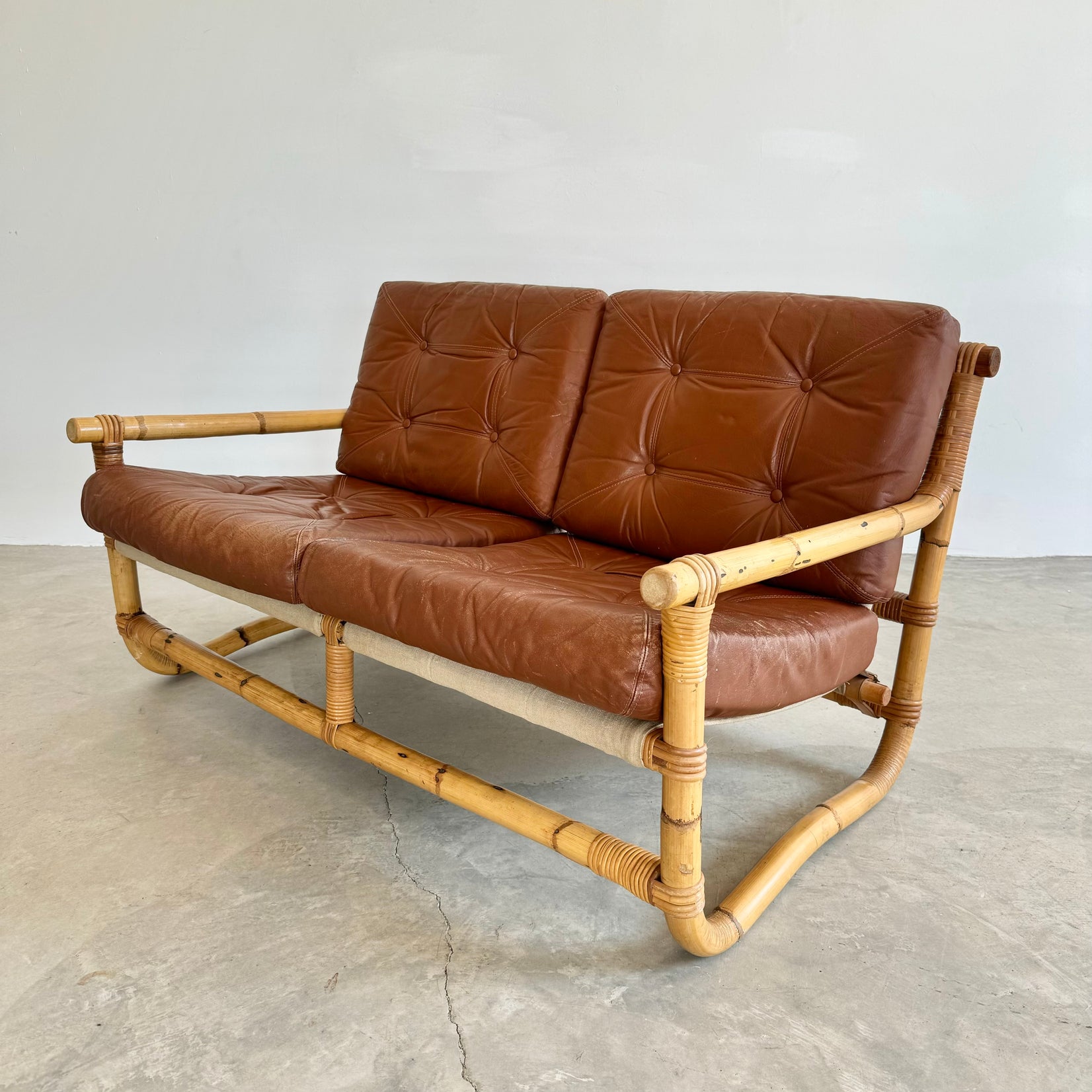 Bamboo and Leather Sofa, 1970s Denmark