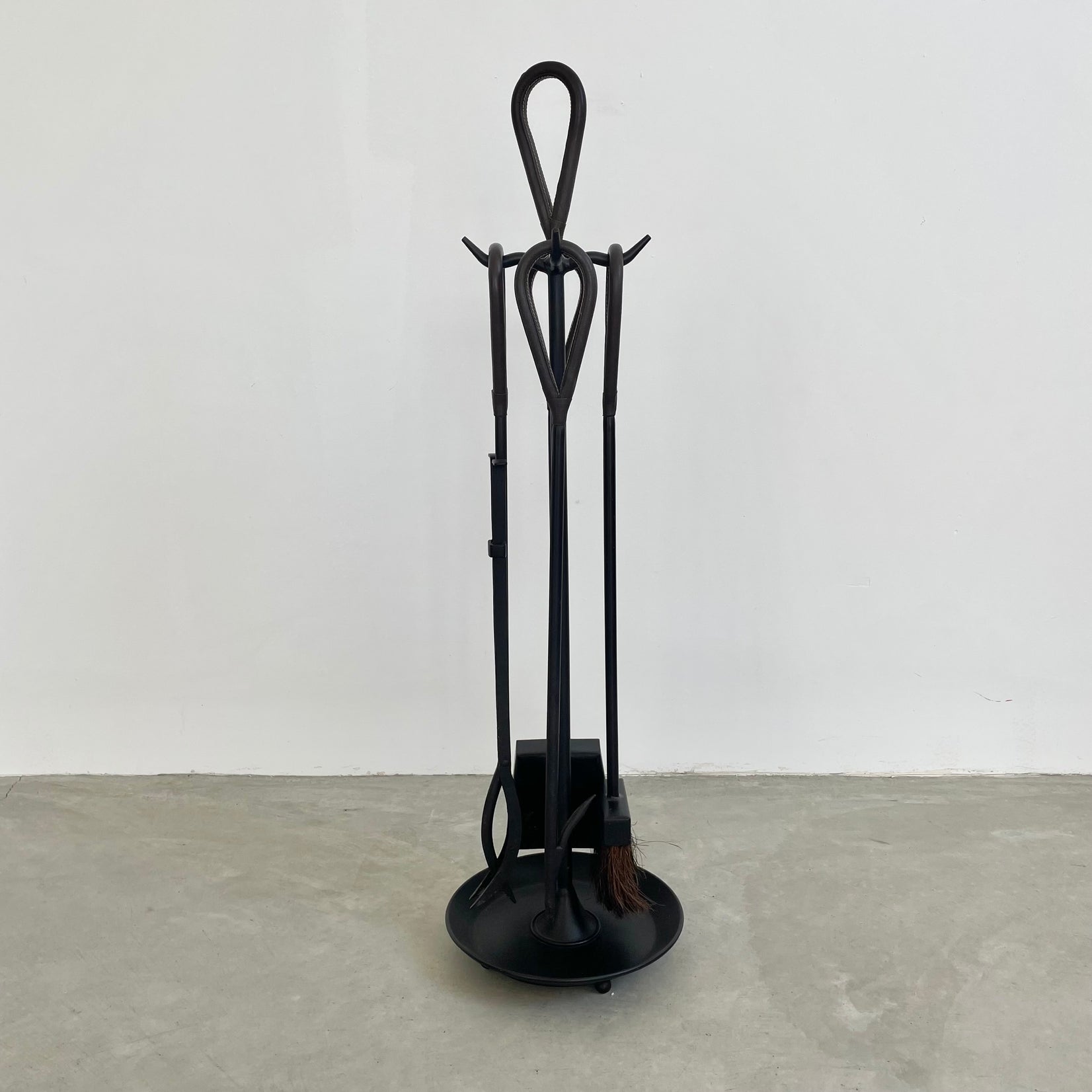 Leather and Iron Fireplace Set in the Style of Jacques Adnet, 1980s USA