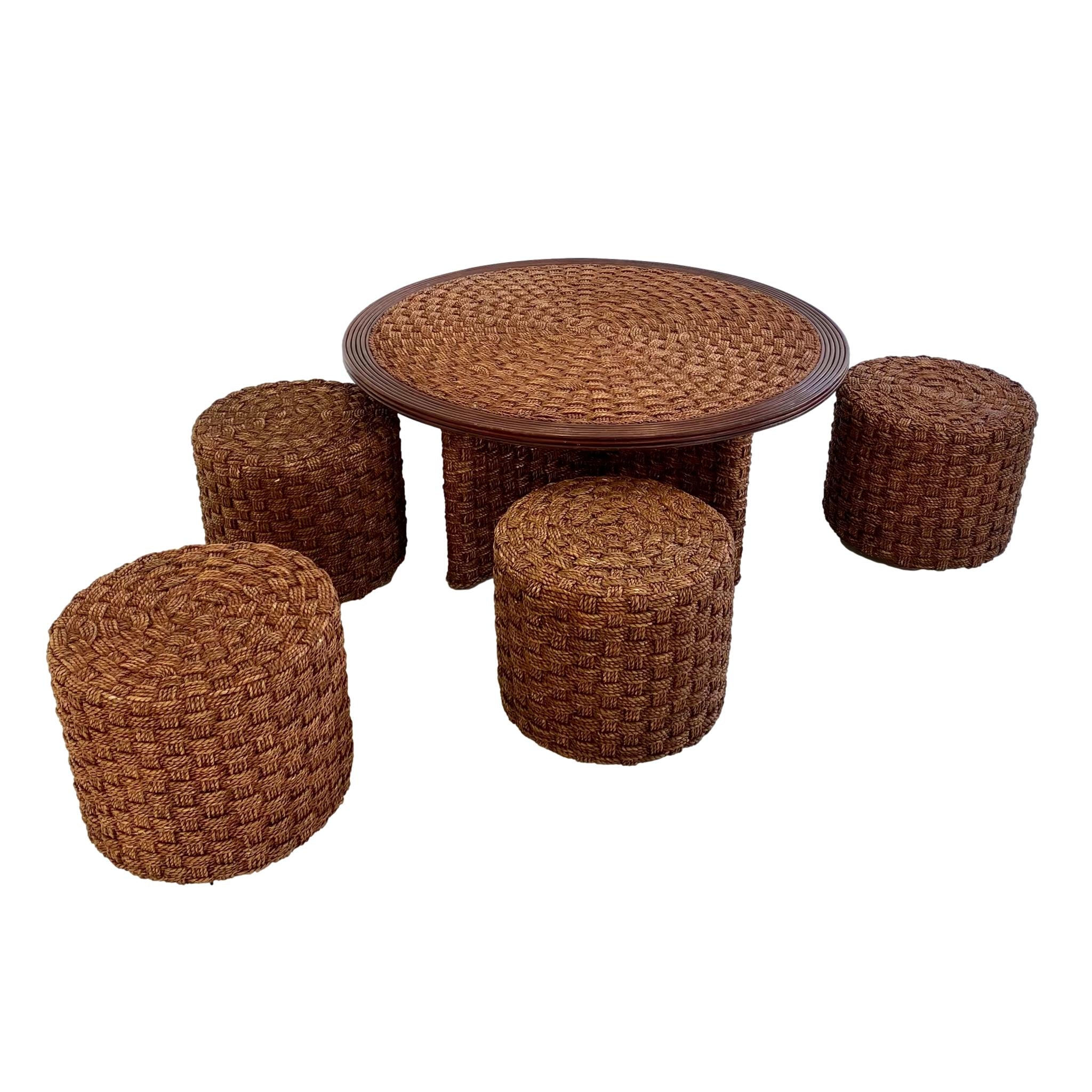 Rope and Wood Table with Four Nesting Stools, 1960s France