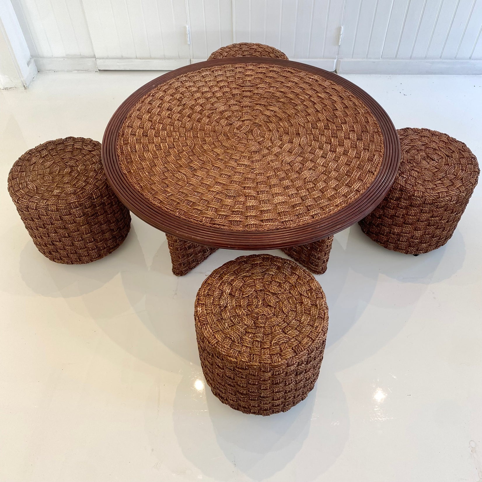 Rope and Wood Table with Four Nesting Stools, 1960s France