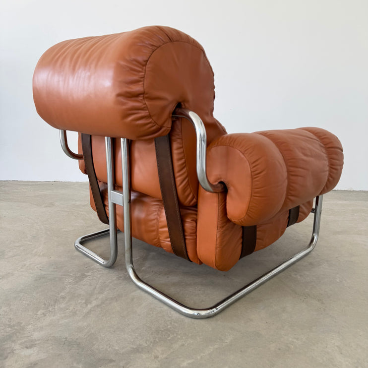 Cognac Leather and Chrome Lounge Chair