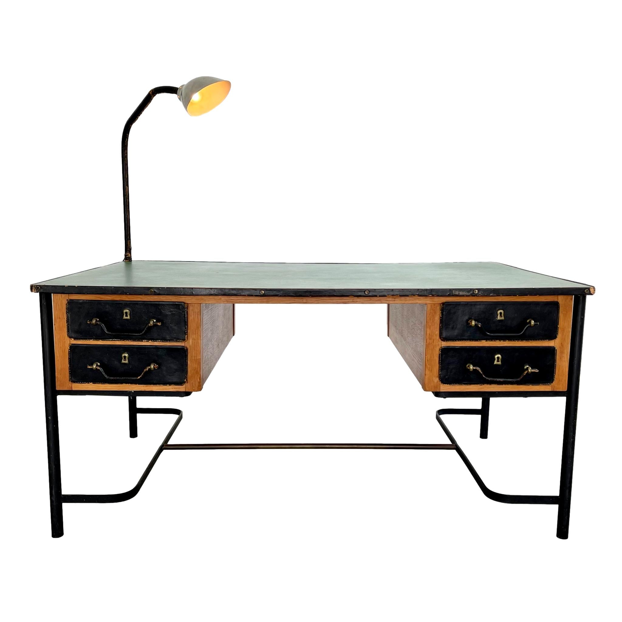 Jacques Adnet Leather and Oak Desk, 1950s France