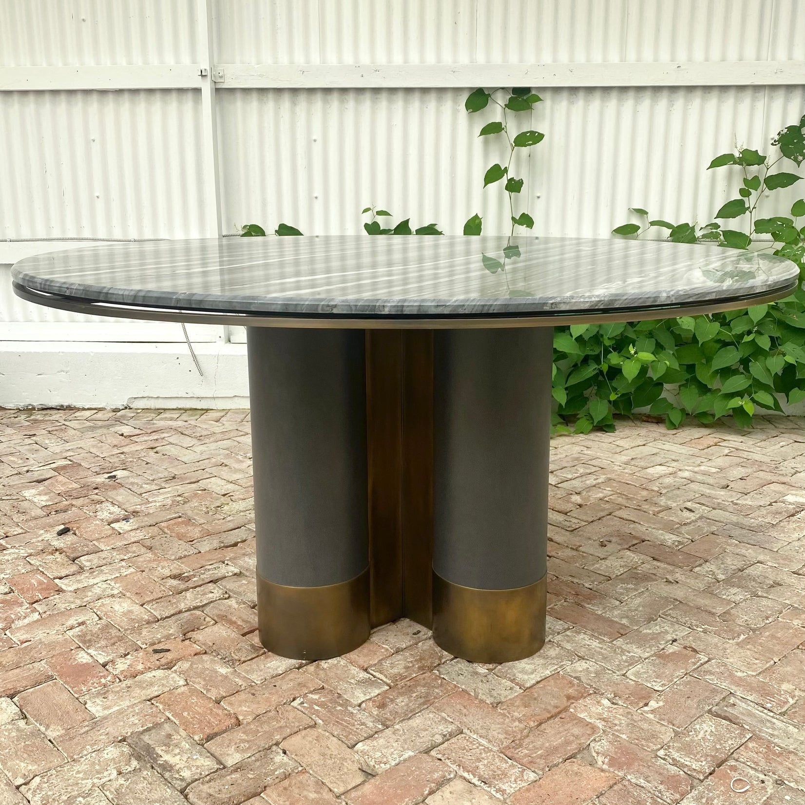Custom Made Leather, Brass and Marble Dining Table, 2022 Los Angeles