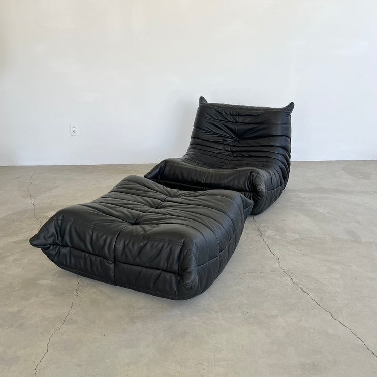 Black leather Fireside Togo Seat & Ottoman