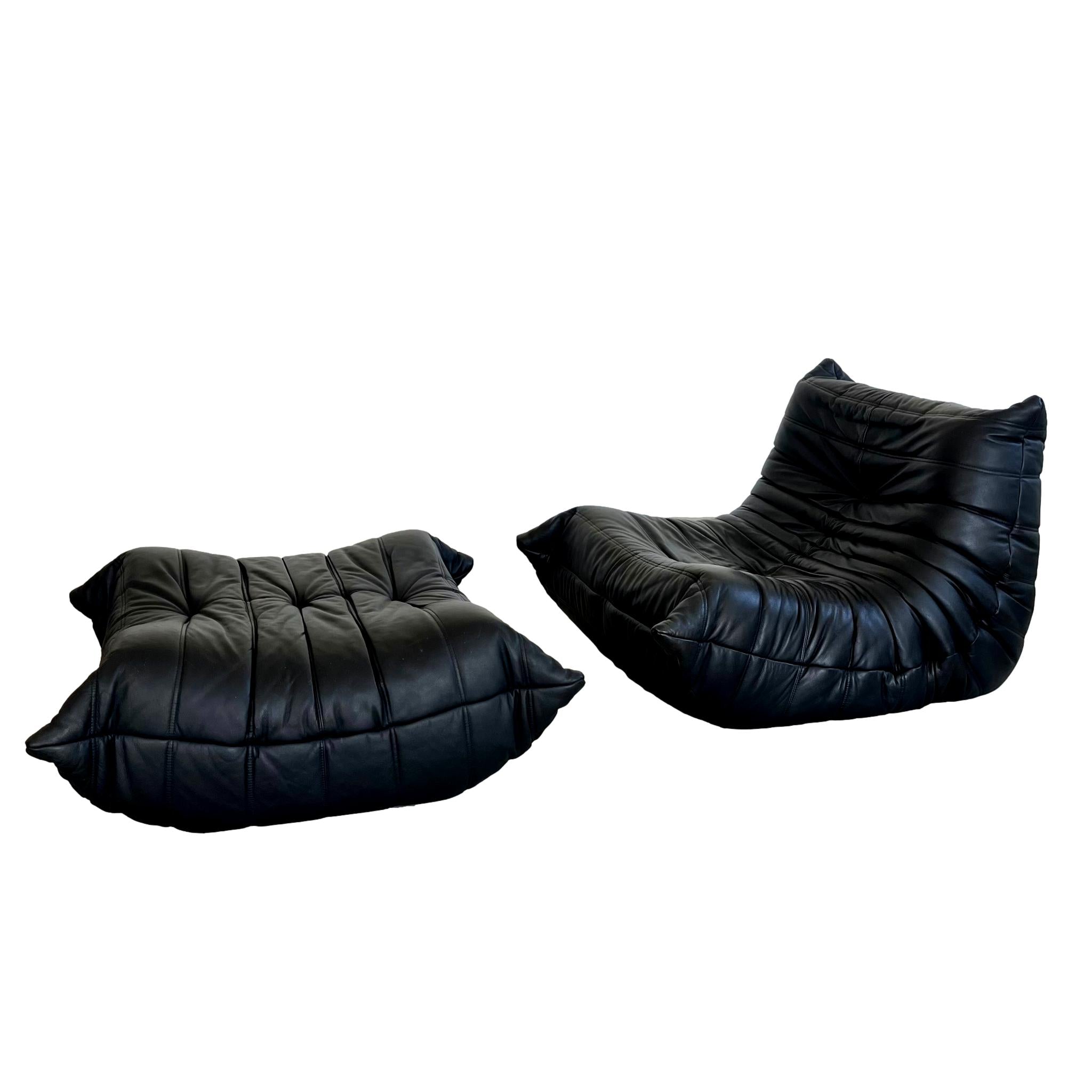 Black leather Fireside Togo Seat & Ottoman