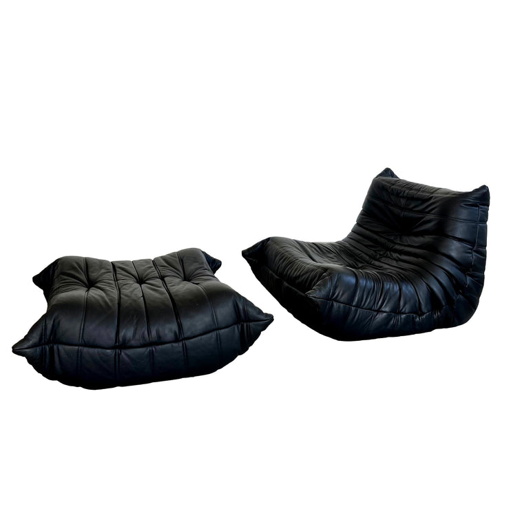 Black leather Fireside Togo Seat & Ottoman