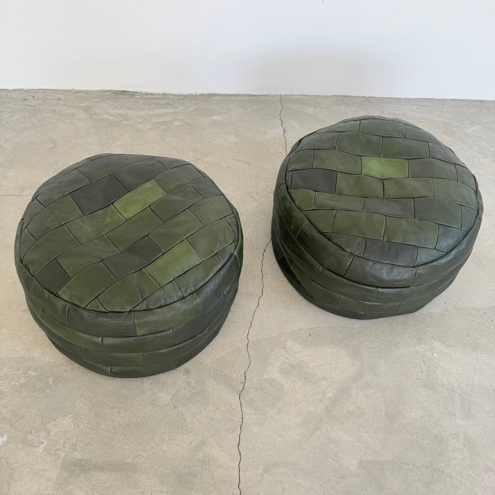 Pair of Green Leather Patchwork Ottomans
