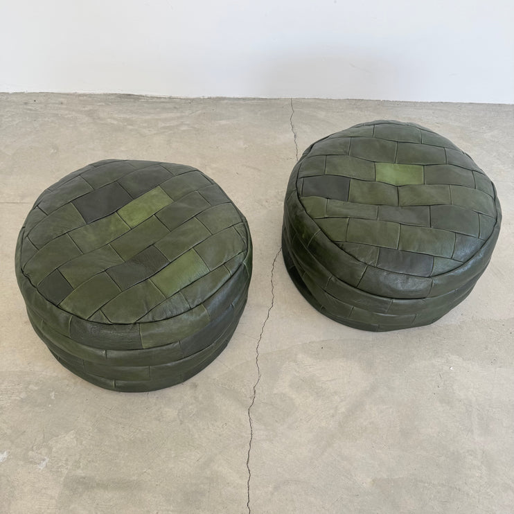 Pair of Green Leather Patchwork Ottomans