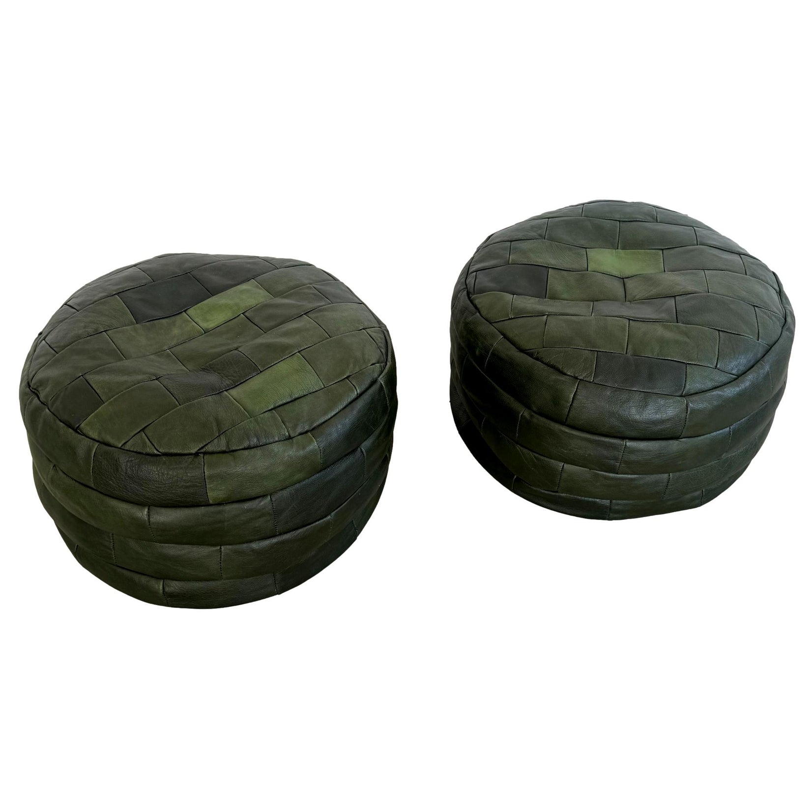 Pair of Green Leather Patchwork Ottomans