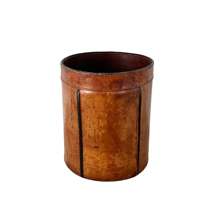 Adnet Style Saddle Leather Waste Basket, 1960s France