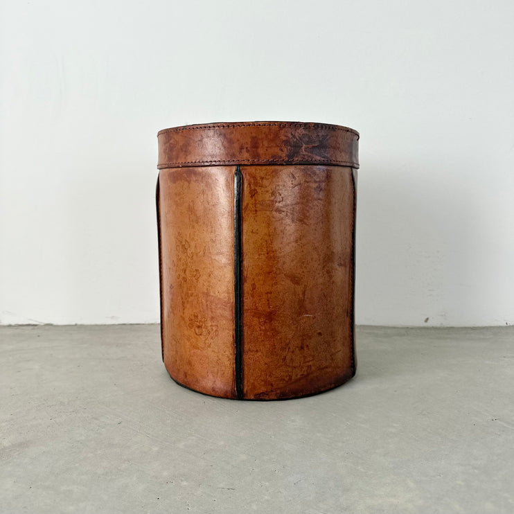 Adnet Style Saddle Leather Waste Basket, 1960s France