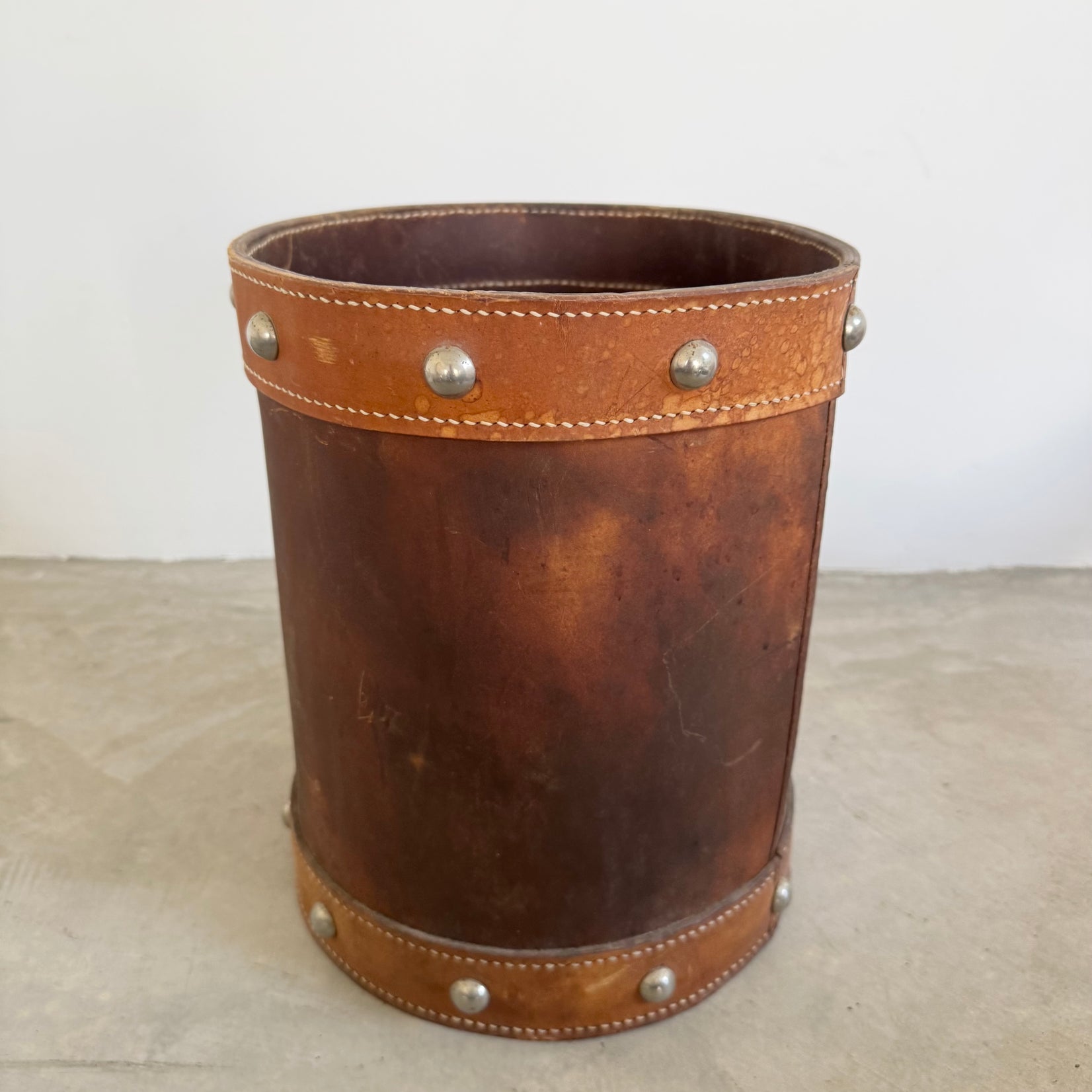 Jacques Adnet Style Saddle Leather Waste Basket, 1950s France