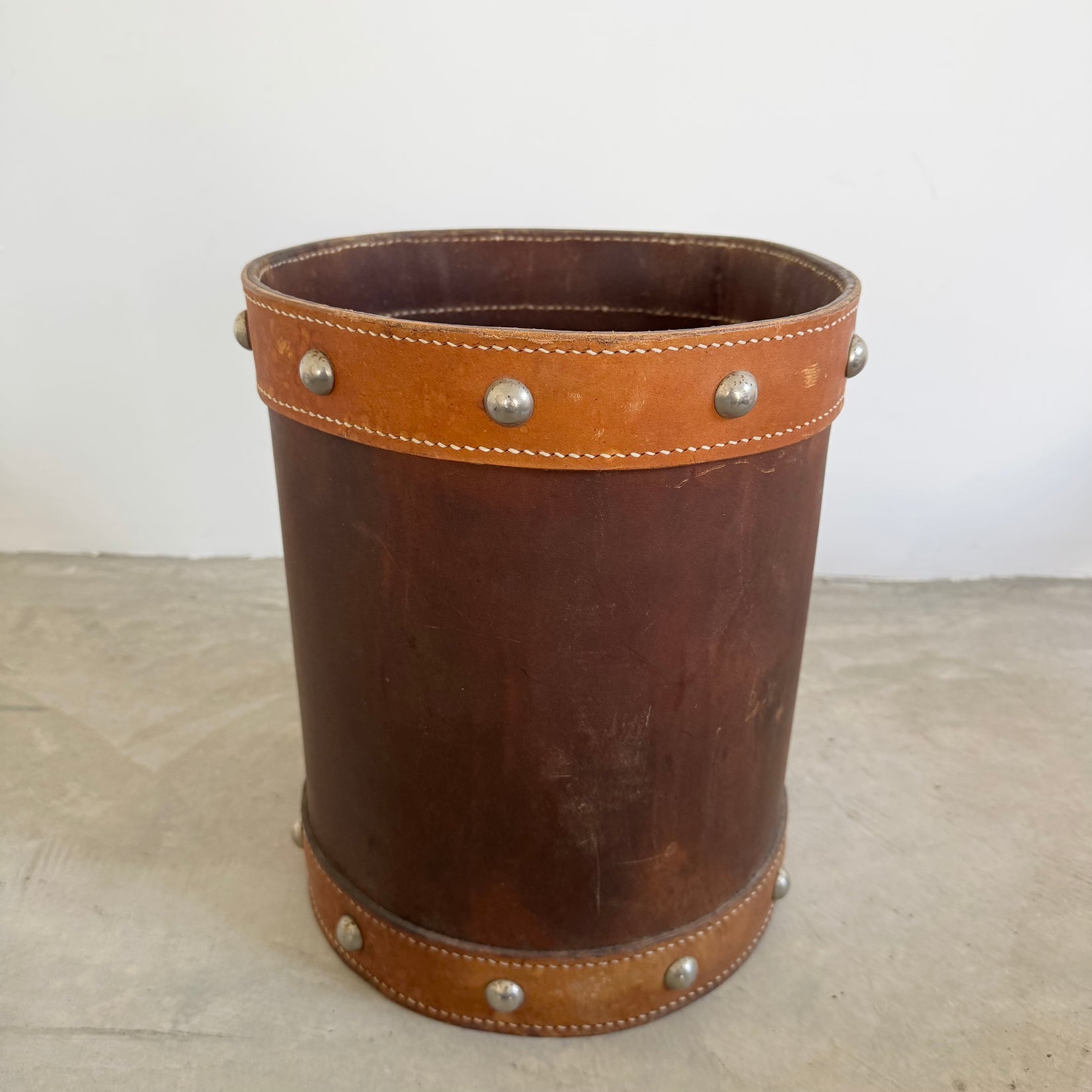 Jacques Adnet Style Saddle Leather Waste Basket, 1950s France
