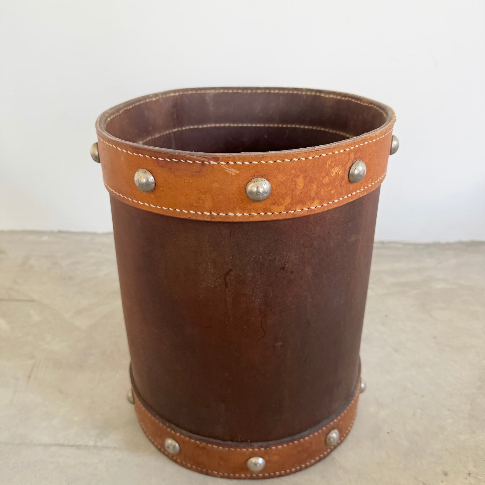 Jacques Adnet Style Saddle Leather Waste Basket, 1950s France