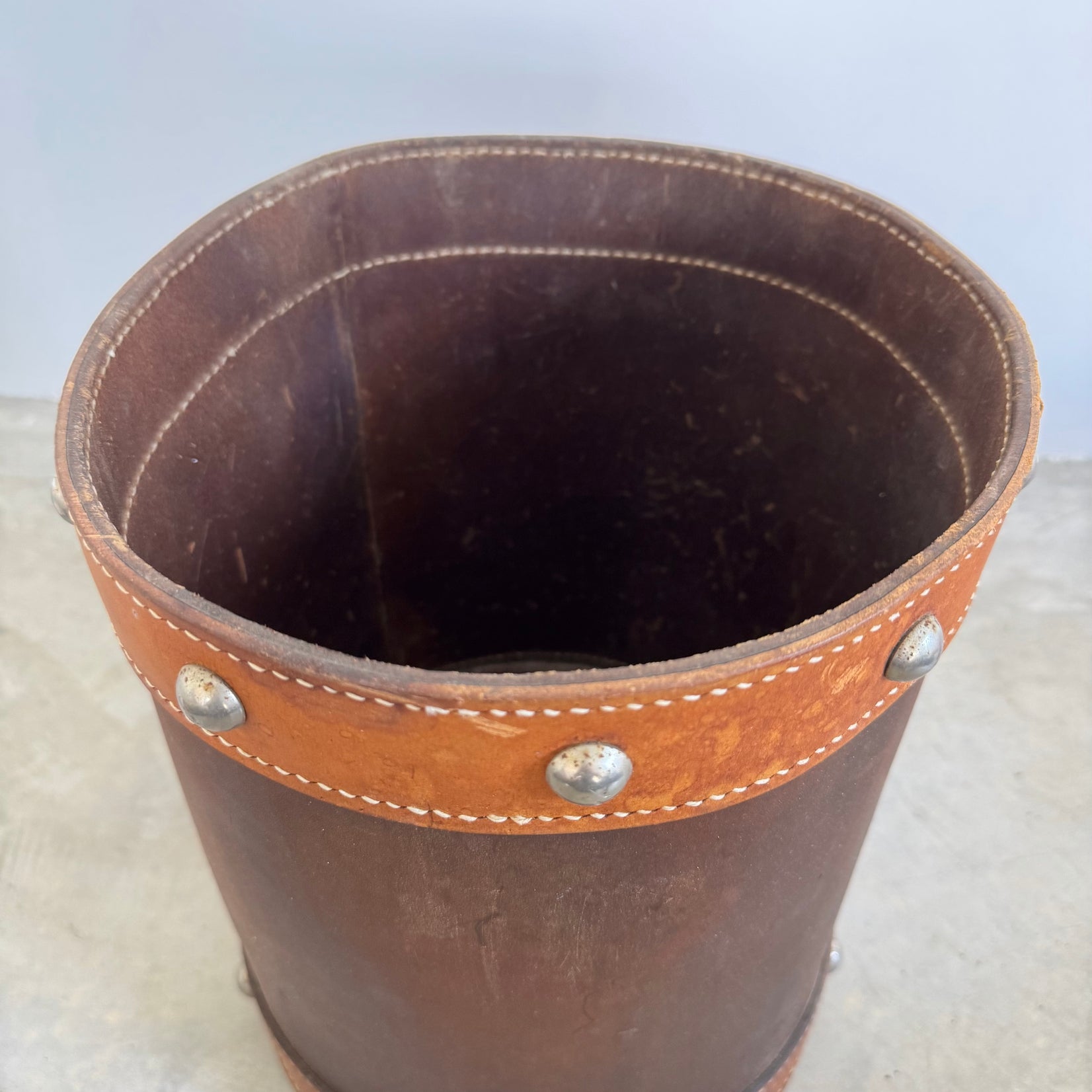 Jacques Adnet Style Saddle Leather Waste Basket, 1950s France